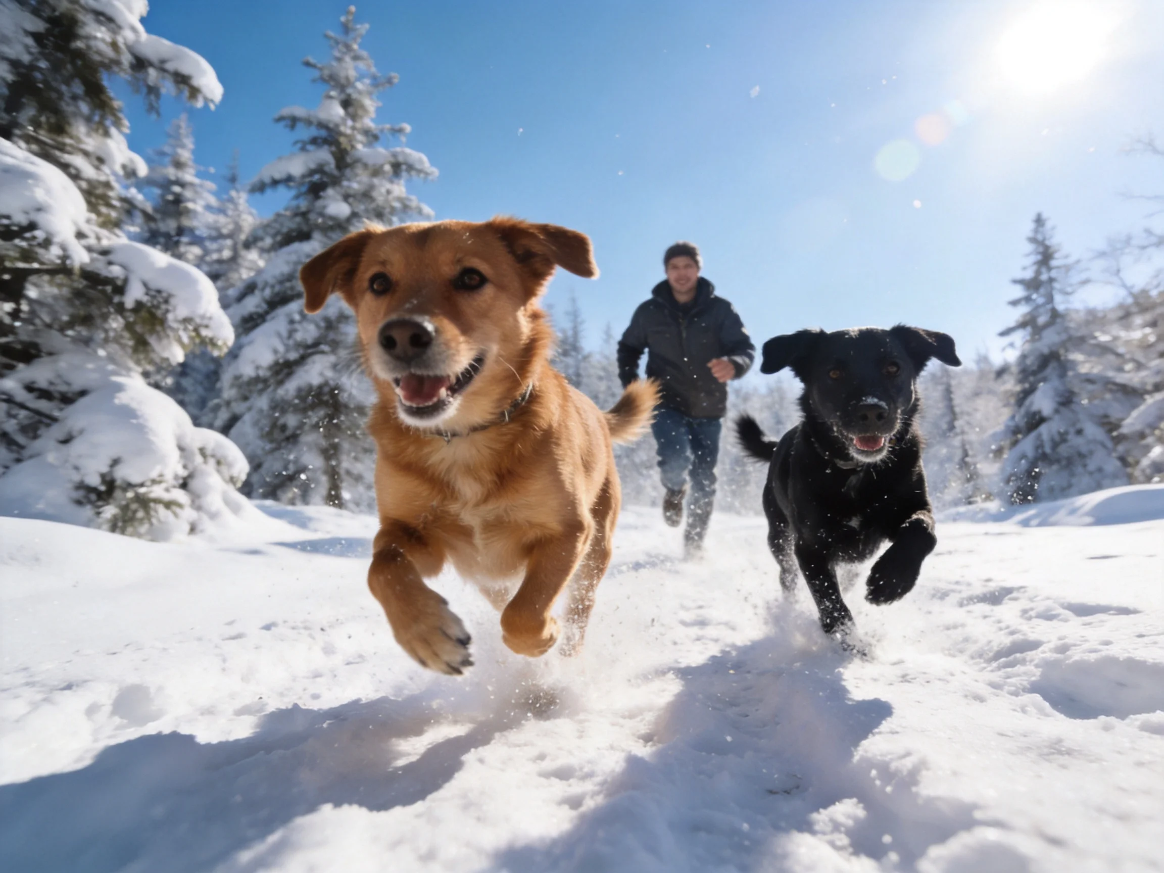 Two brown and black dogs run through deep snow with a person behind them
