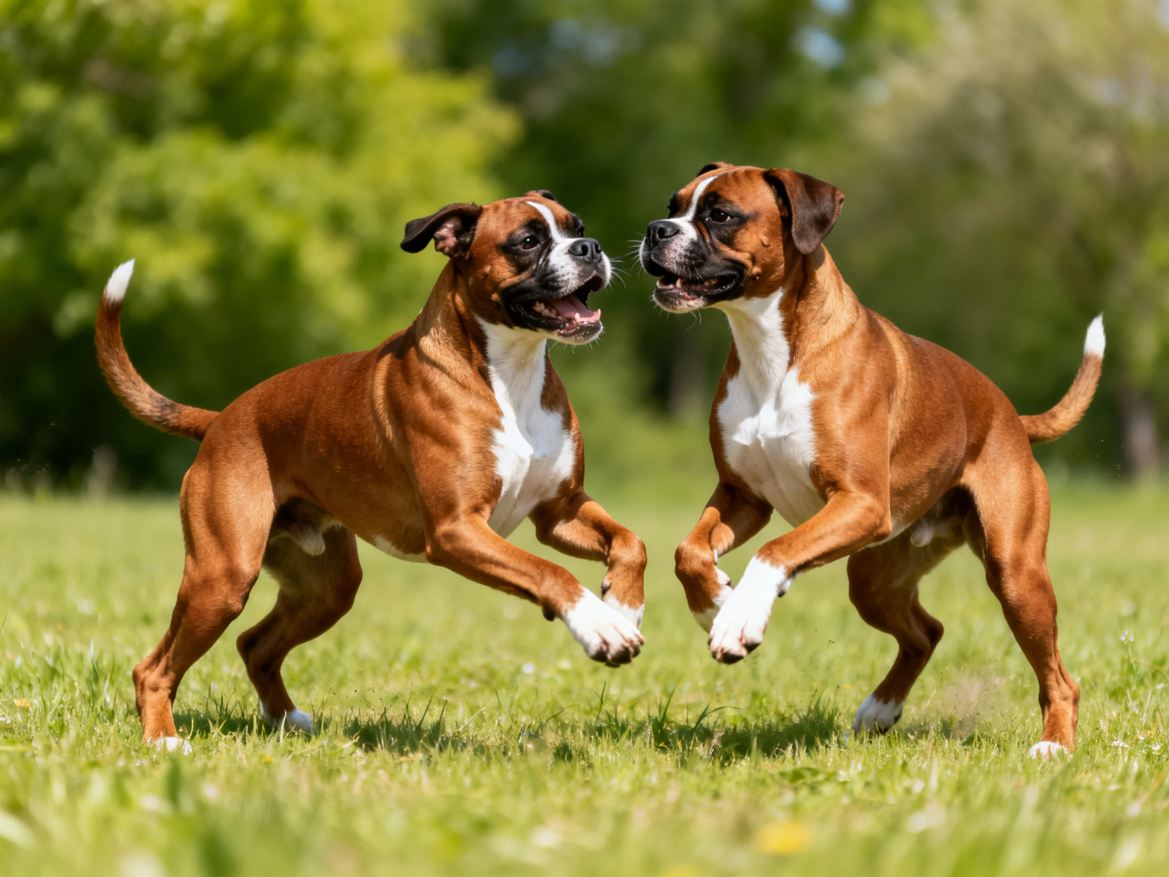 Two brown-and-white Boxer dogs playfully interact on a sunlit grassy field