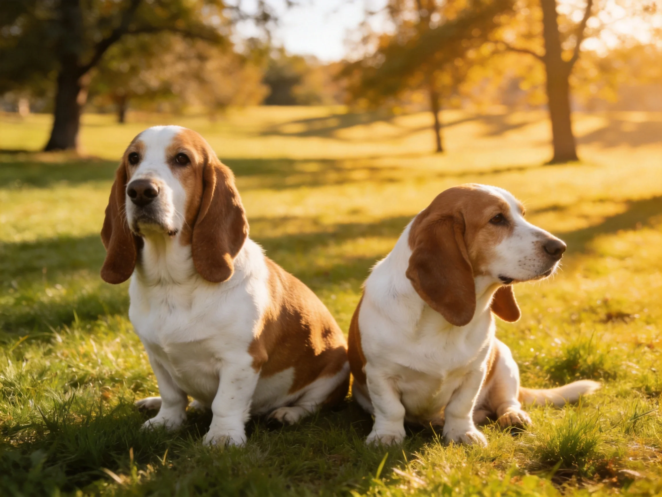 Two brown-and-white basset hounds sit in a sunlit grassy park