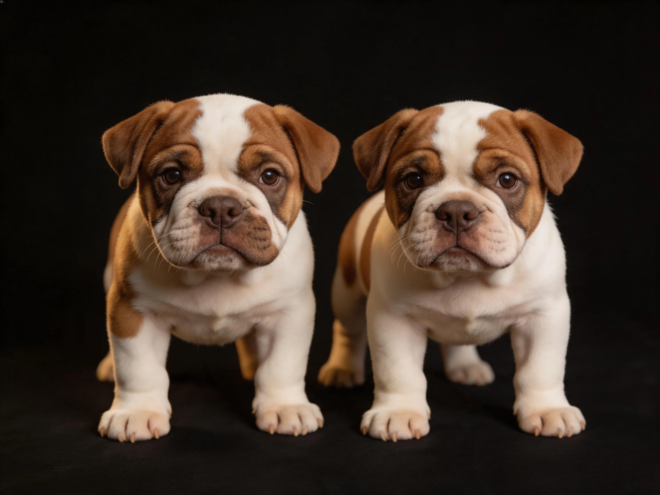 Two brown and white bulldog puppies stand side by side on a dark backdrop