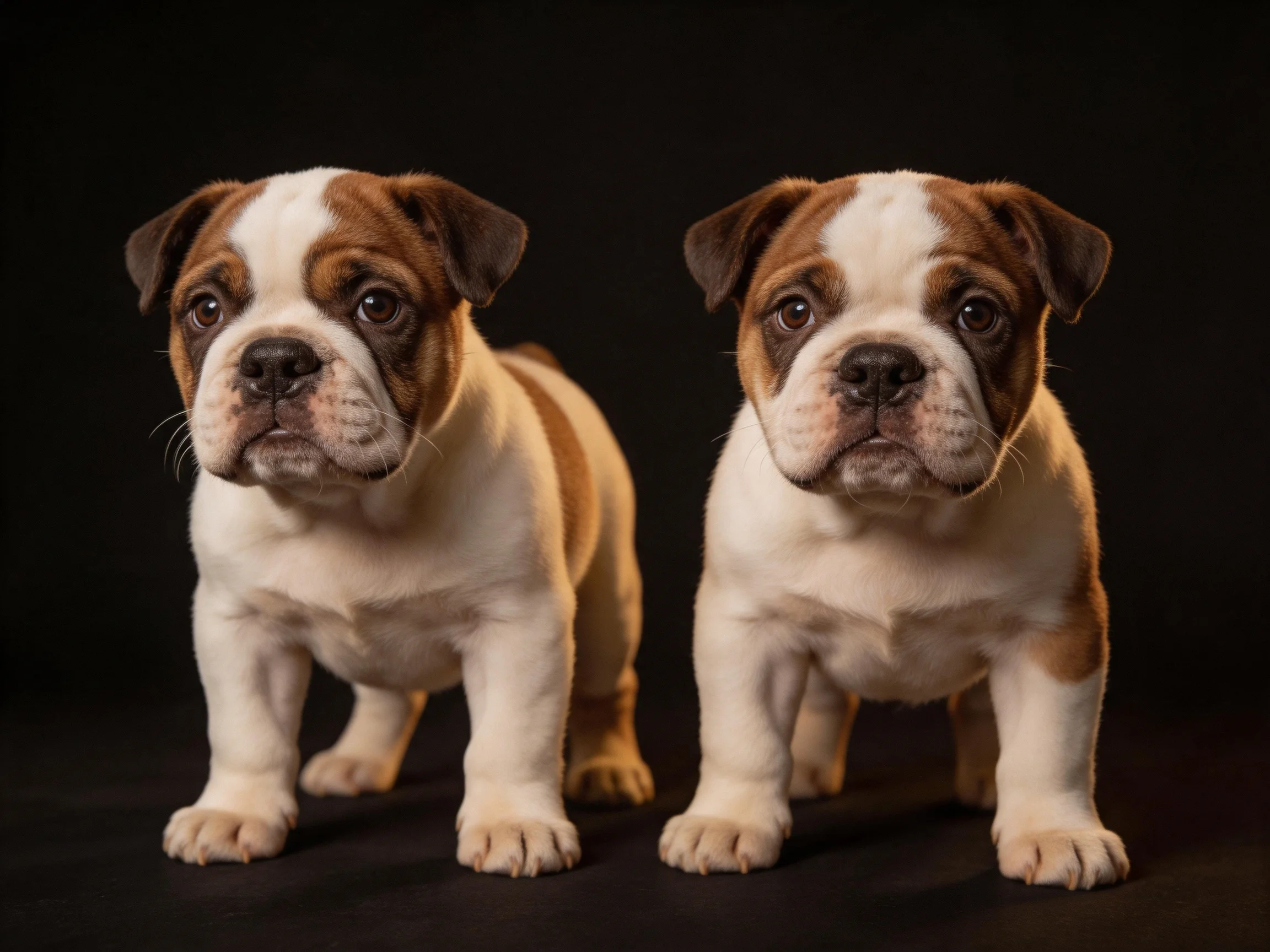 Two brown and white bulldog puppies stand side by side on a dark backdrop
