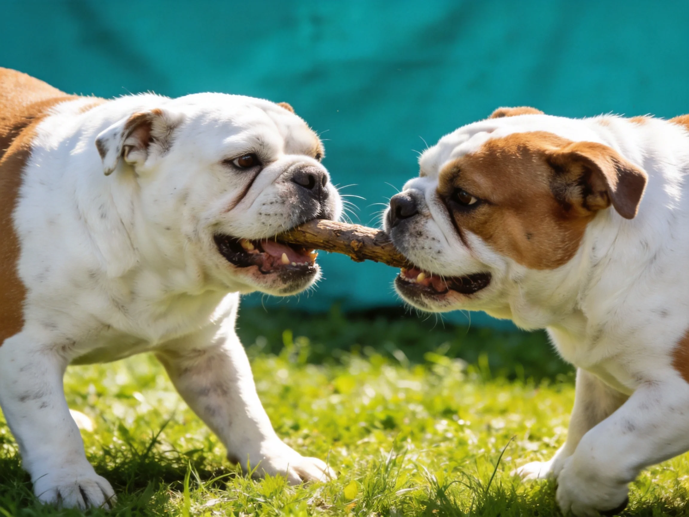 Two brown-and-white bulldogs tugging a wooden stick on green grass