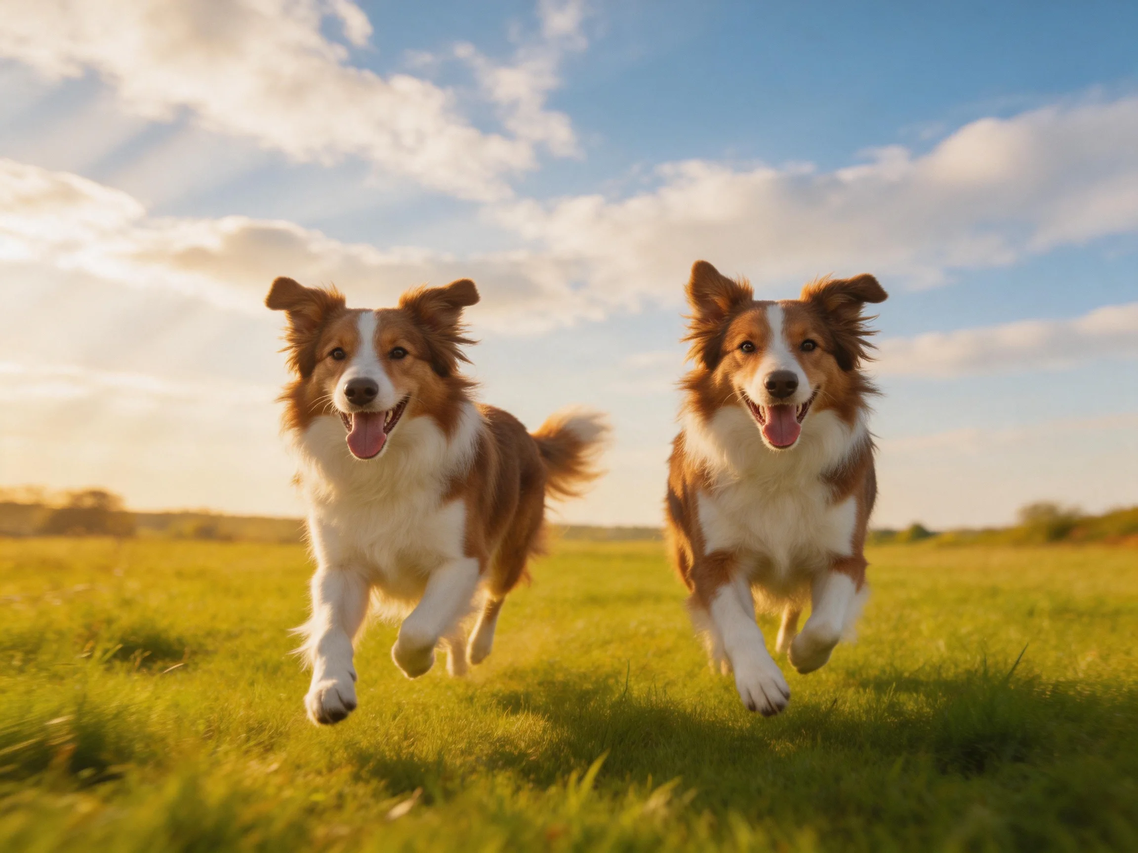 Two brown-and-white dogs run joyfully across a sunlit open field.