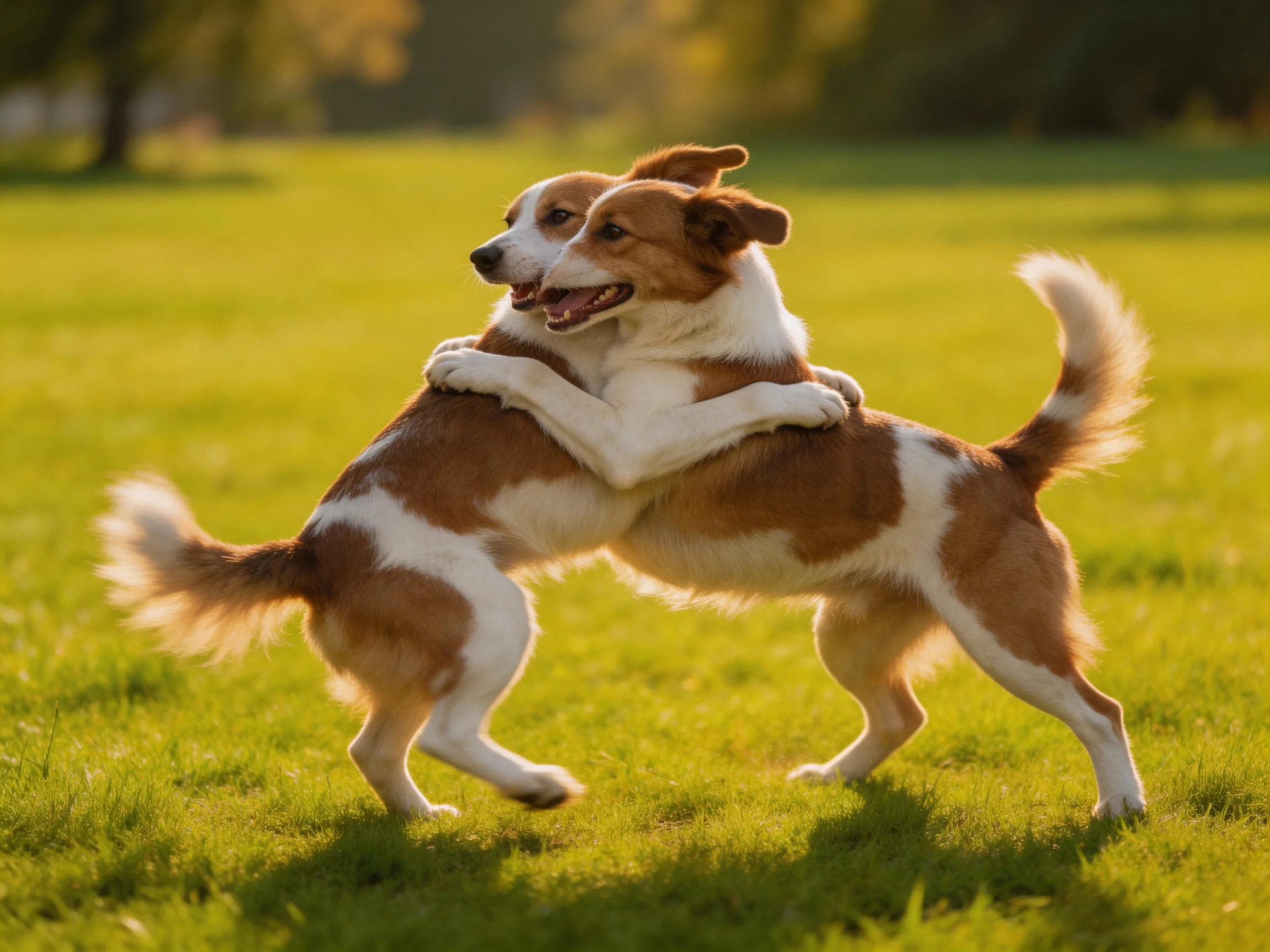 Two brown-and-white dogs playfully hug in a sunlit grassy field