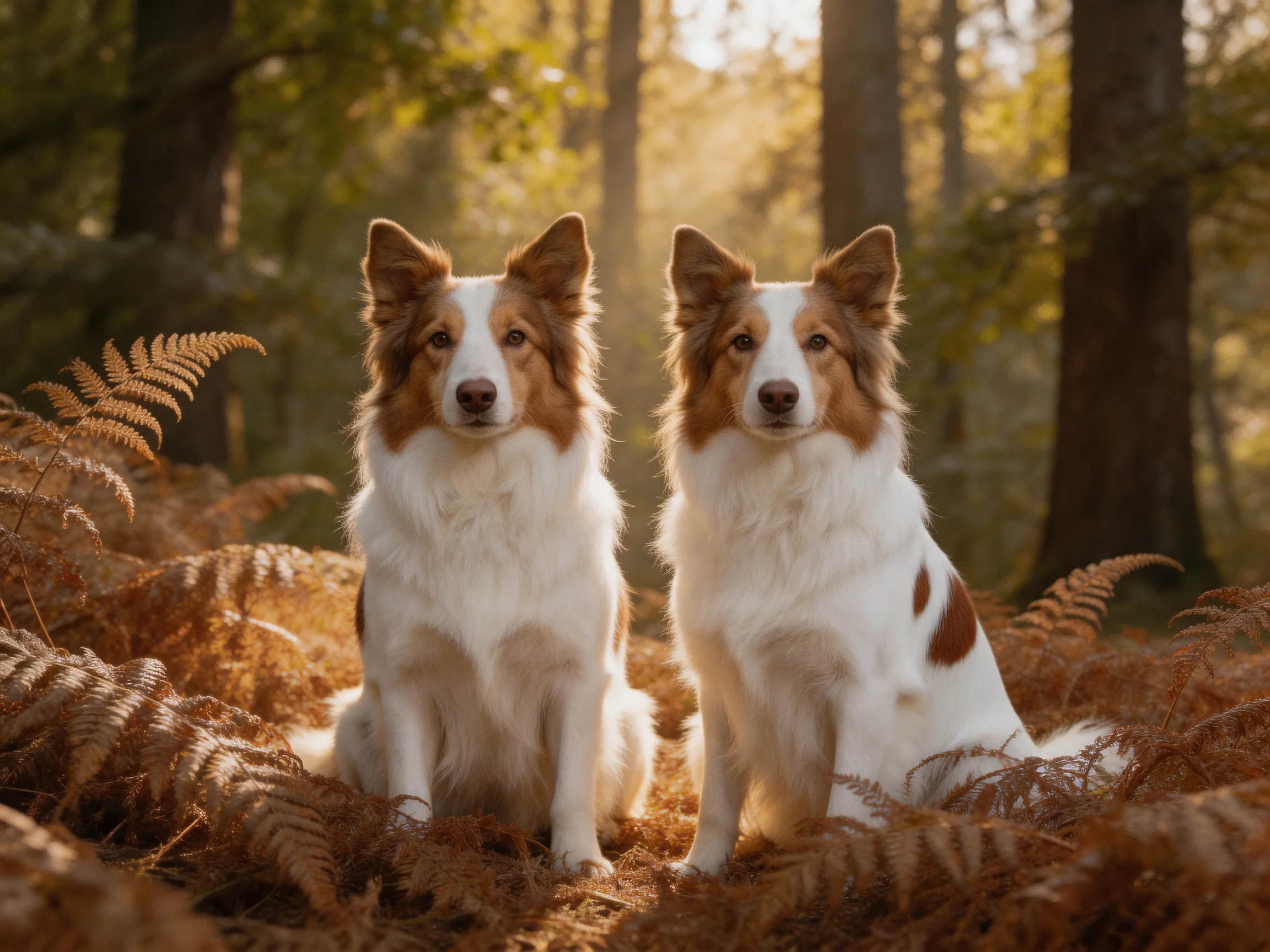 Two brown-and-white dogs sit amid ferns in a sunlit forest