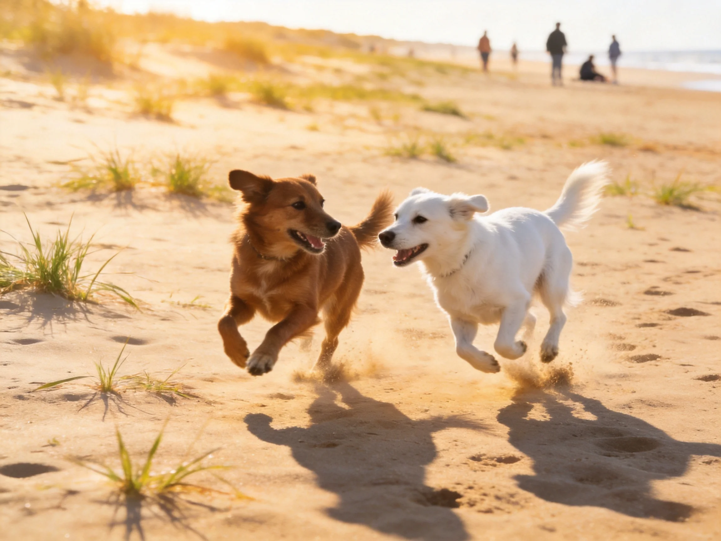 Two dogs of different colors run joyfully on a sandy beach.