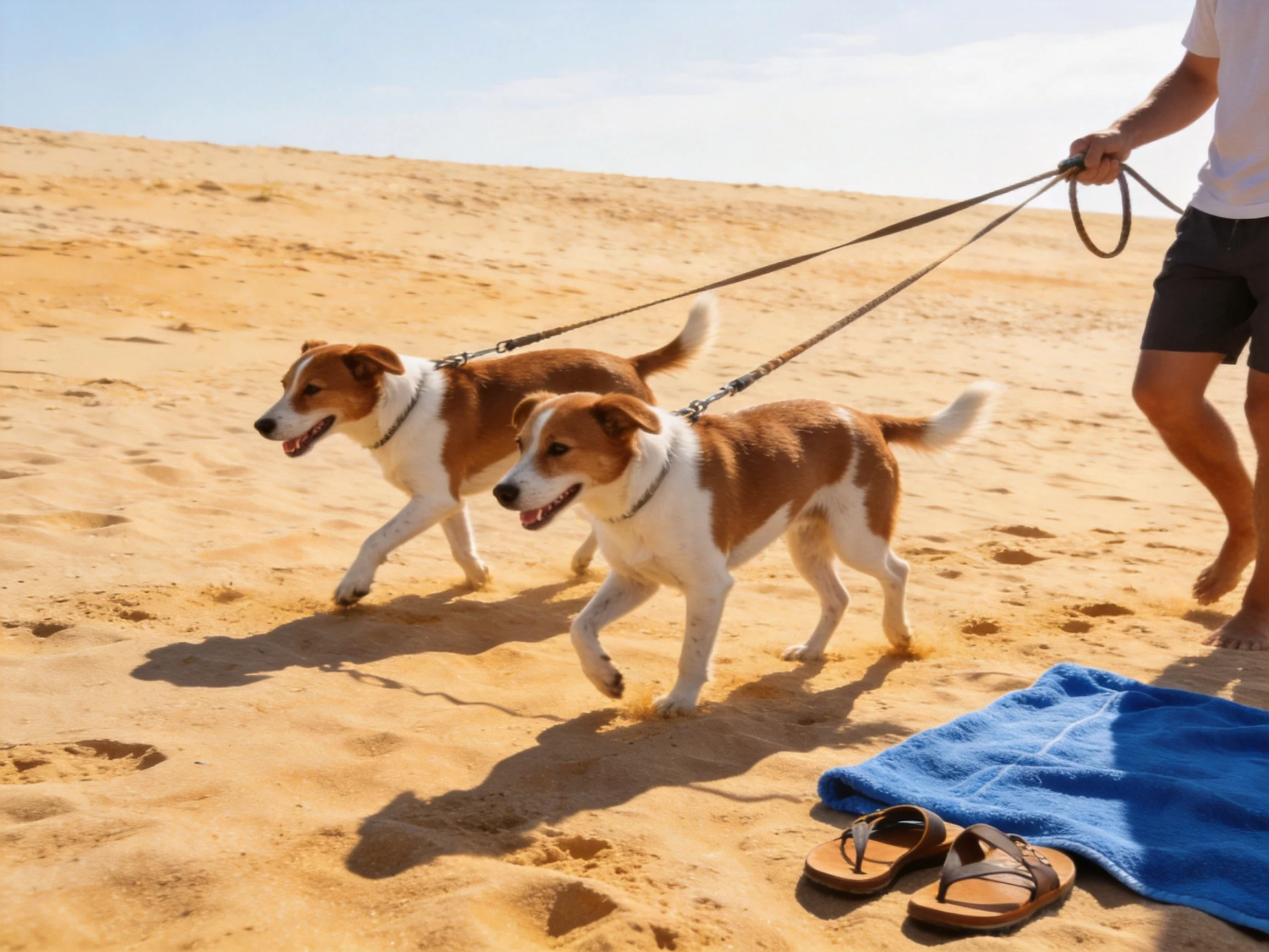 Two brown-and-white dogs walk on a sandy beach with a person
