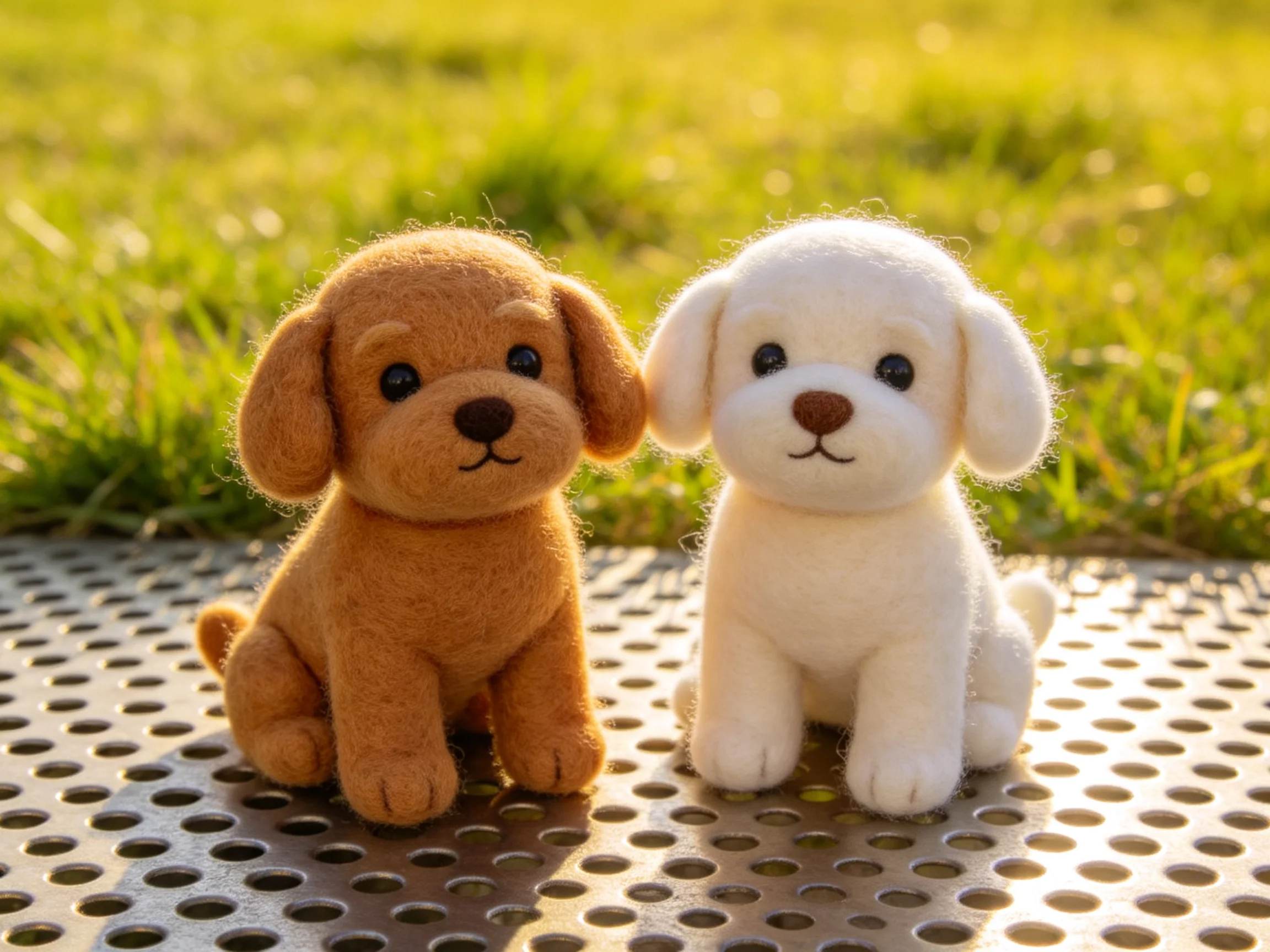 Two brown and white felt puppies sit on a perforated metal surface