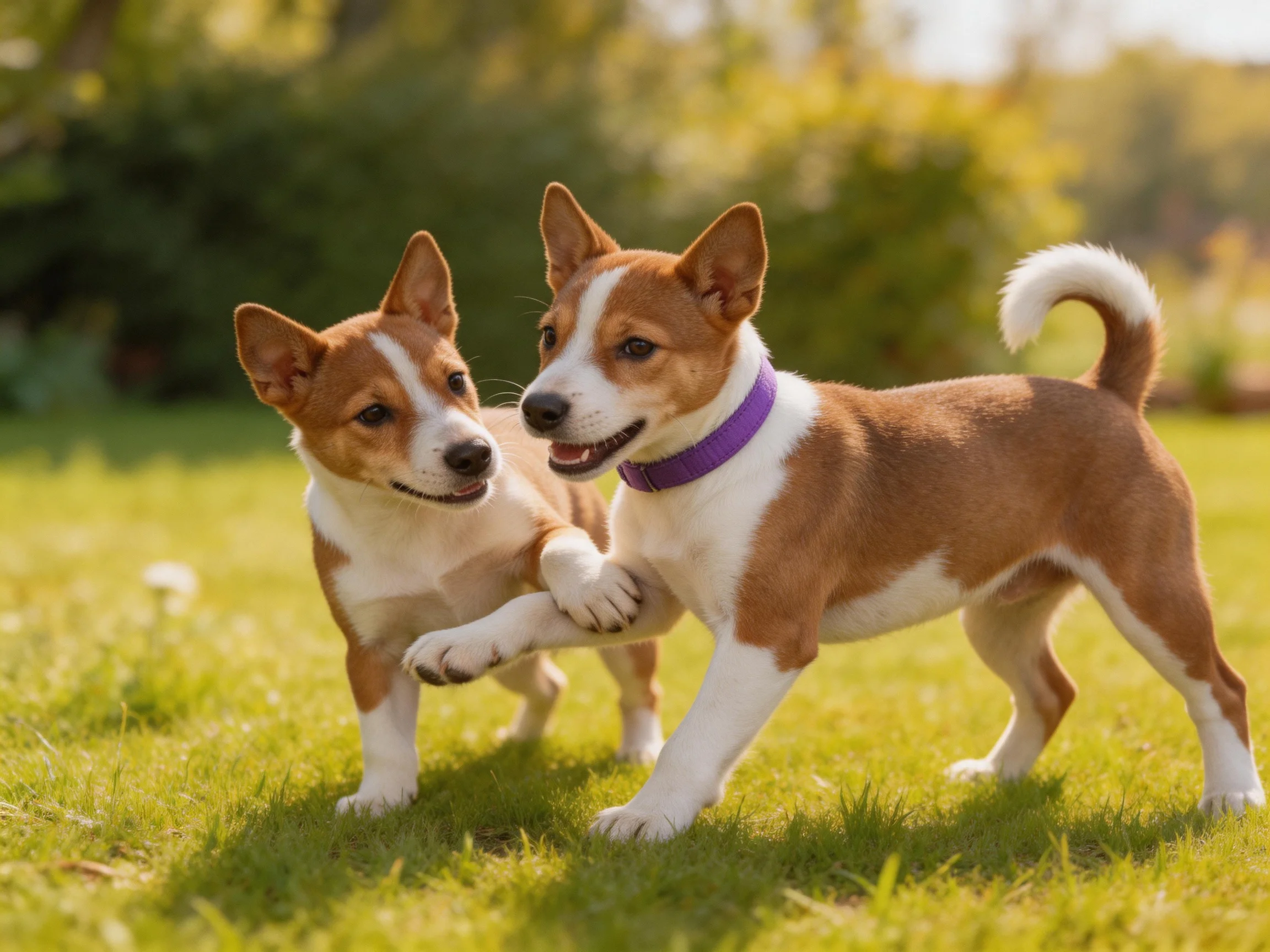 Two brown-and-white puppies interact on a sunny lawn