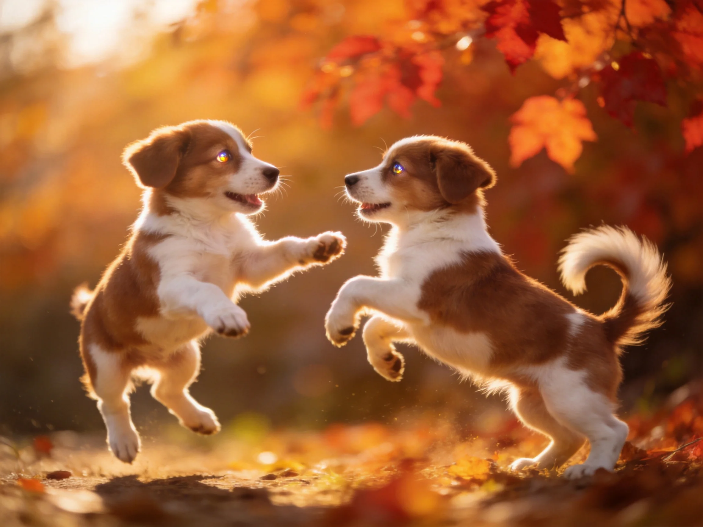 Two brown-and-white puppies play near colorful autumn leaves under golden light