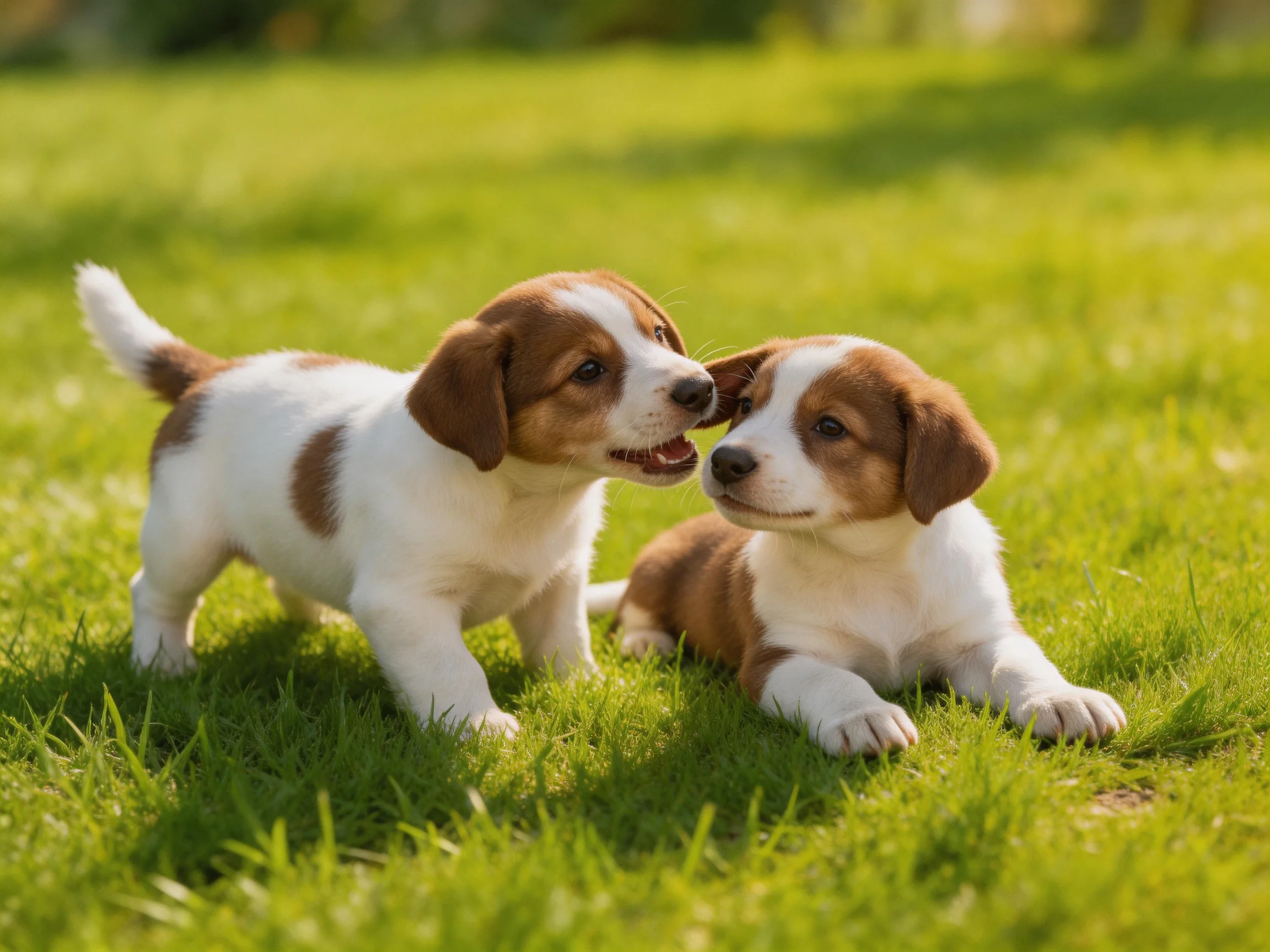 Two brown-and-white puppies play on a sunlit grassy field