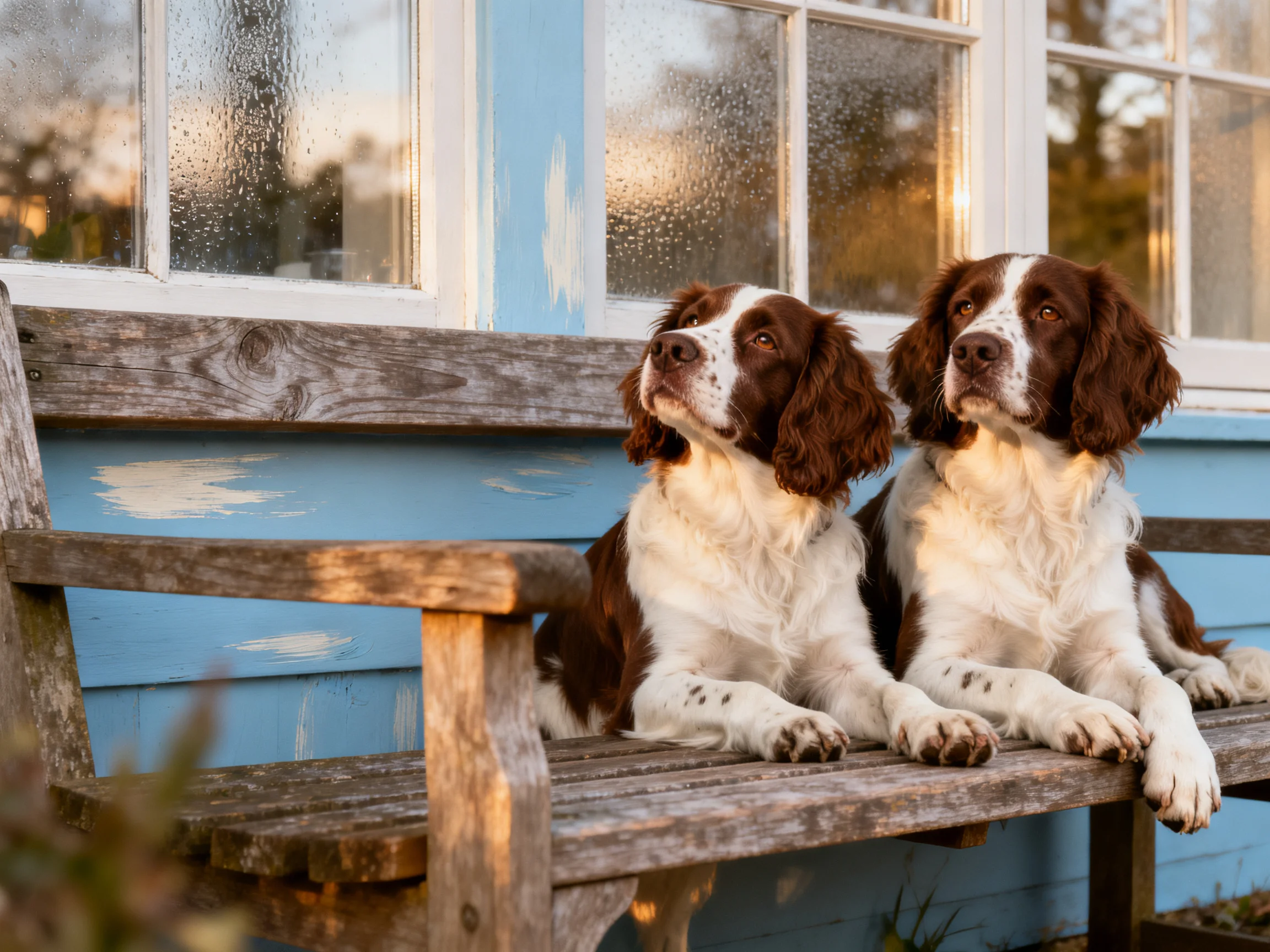 Two brown-and-white spaniels rest on an old wooden bench by a blue cottage