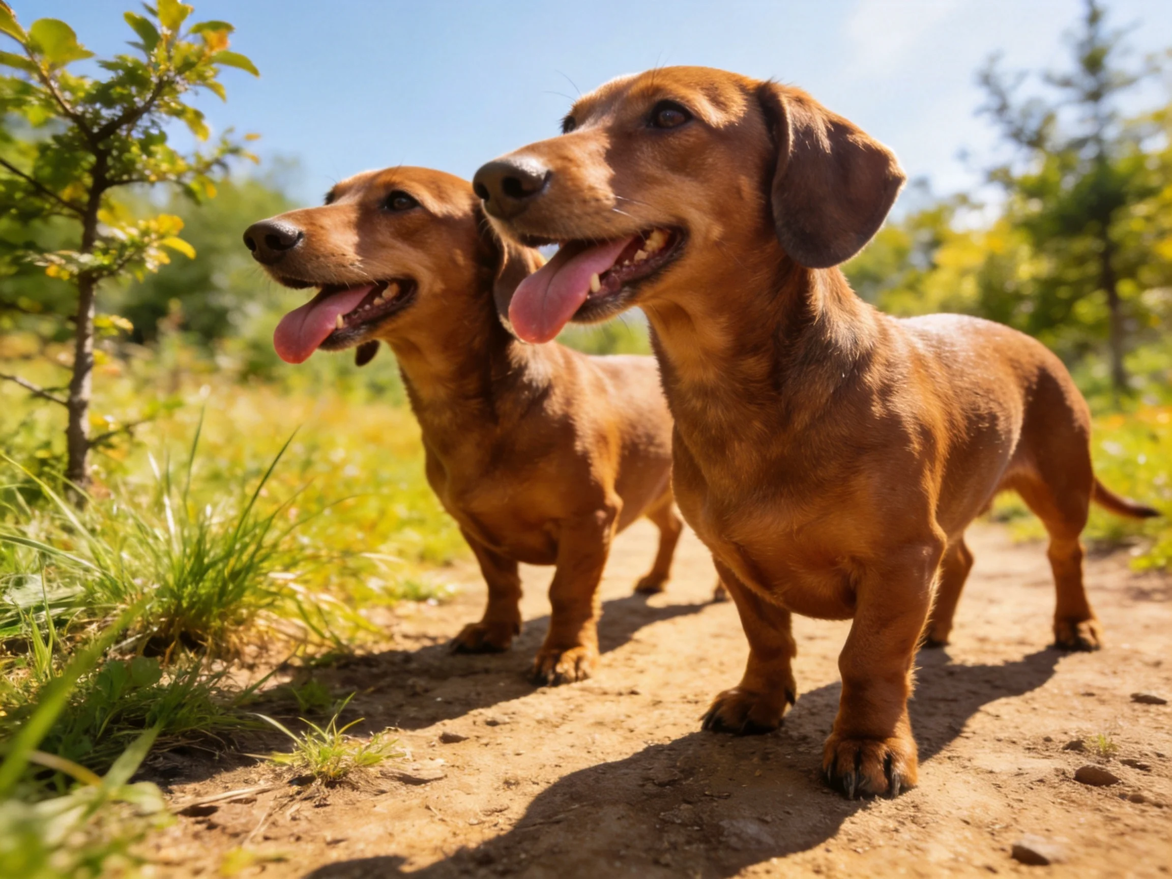 Two brown dachshunds exploring a sunlit dirt path near greenery