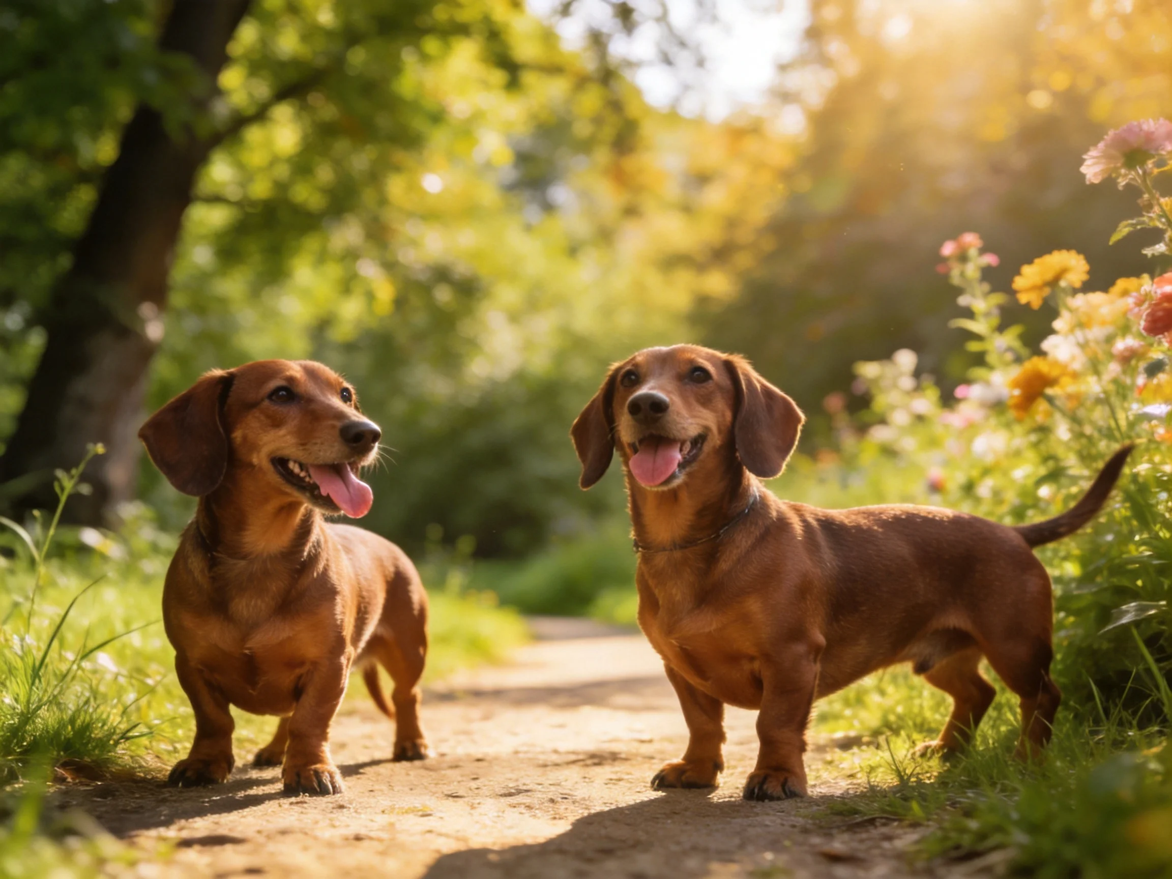 Two brown dachshunds standing on a sunlit forest path near colorful flowers