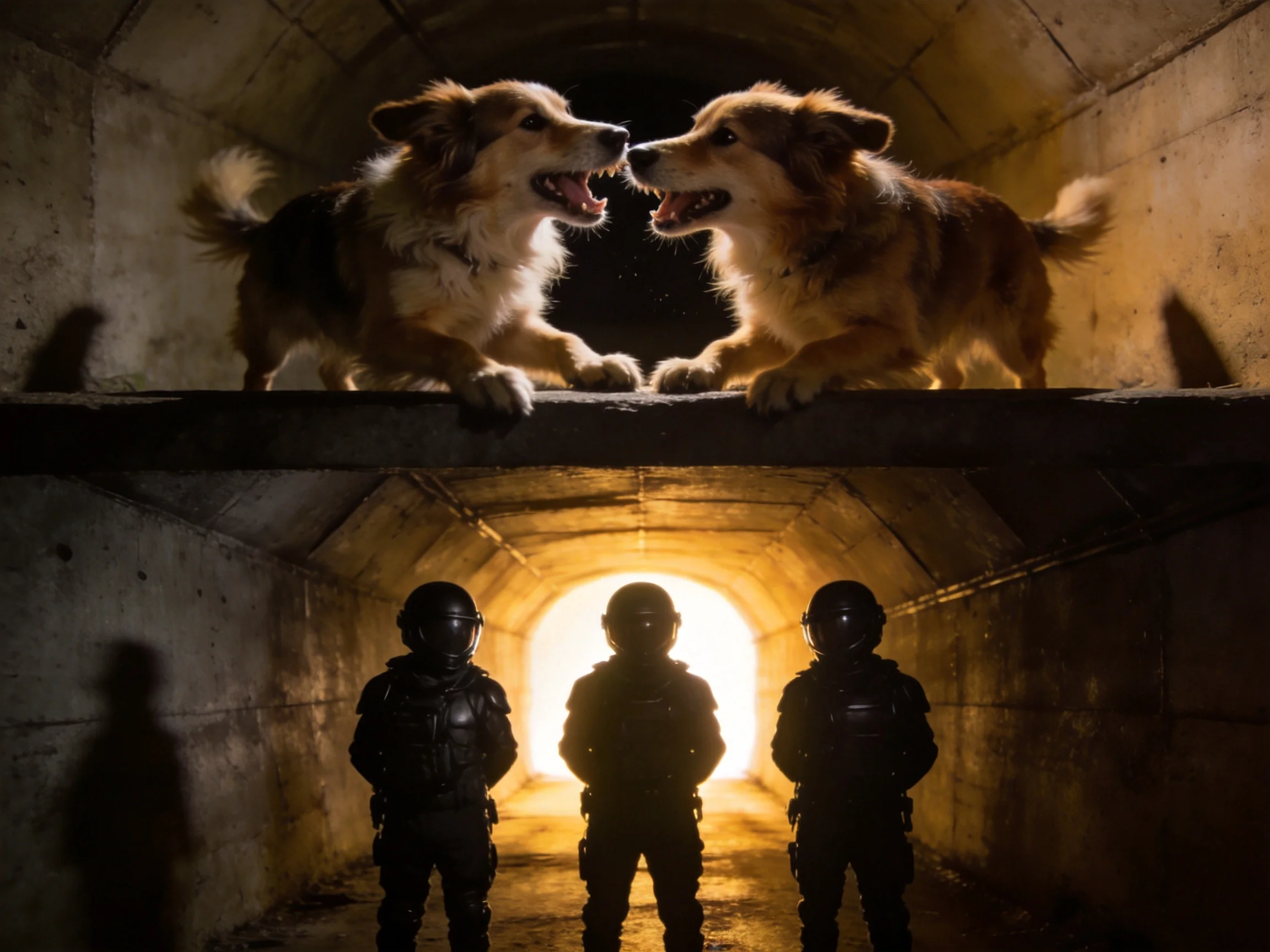 Two brown dogs face off over a tunnel with three armored figures