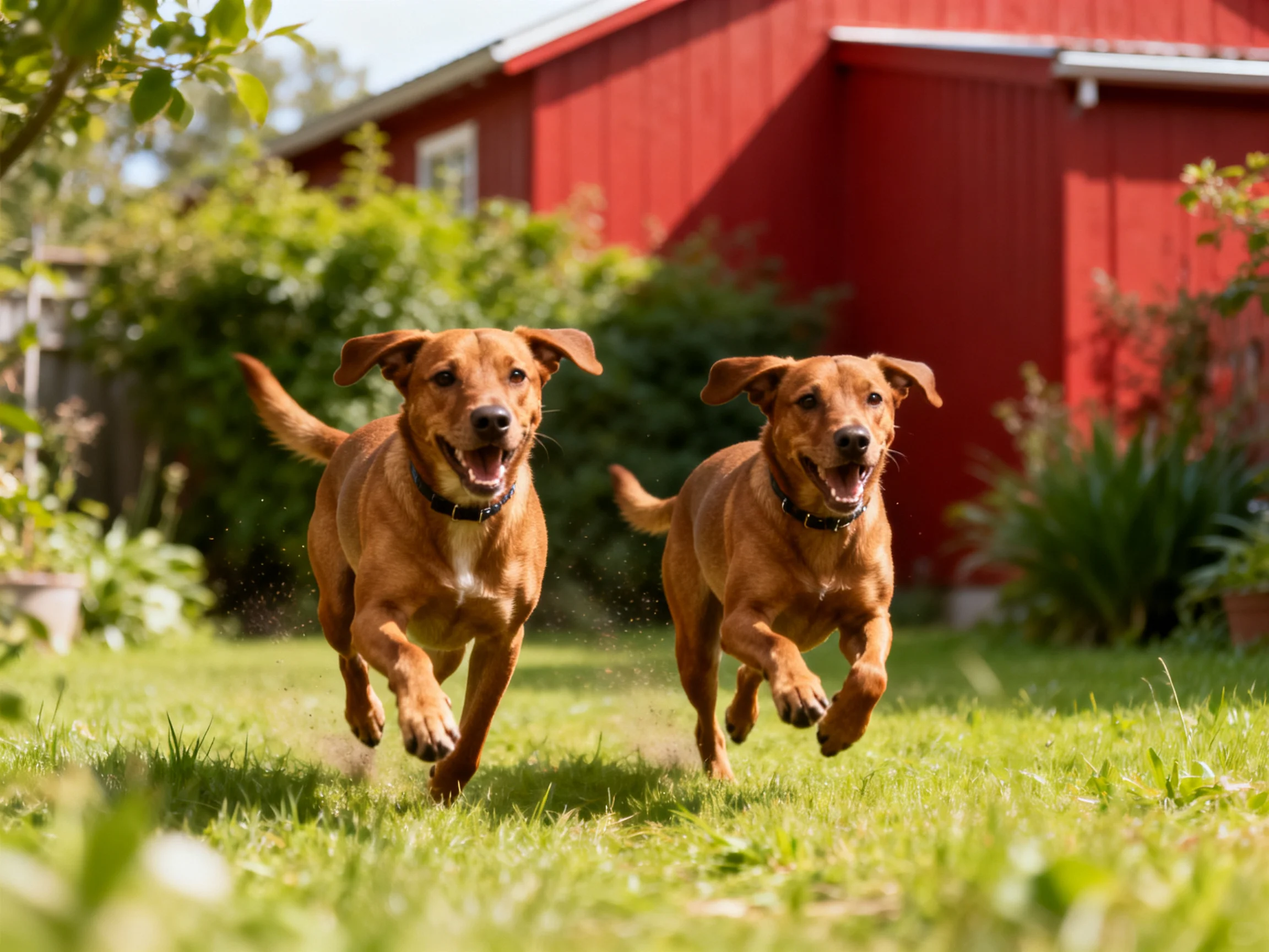 Two brown dogs joyfully run near a bright red barn in a sunny garden