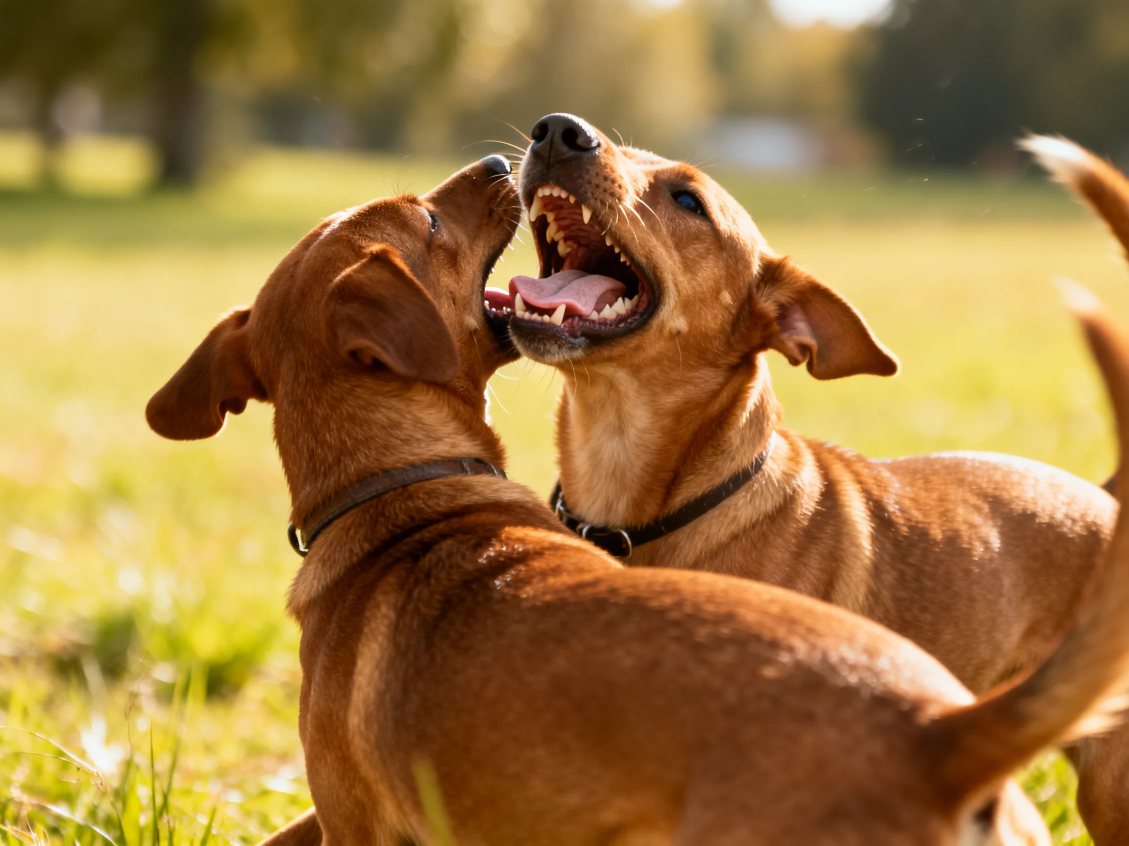 Two brown dogs playfully interacting in a sunlit grassy field
