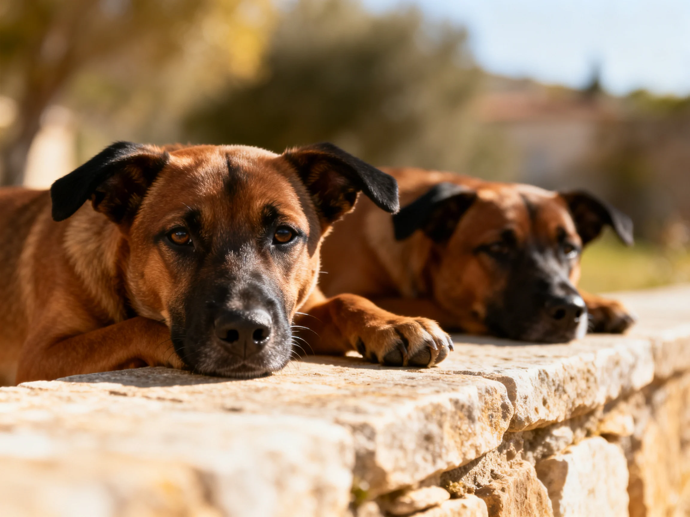 Two brown dogs rest on a stone ledge in bright daylight