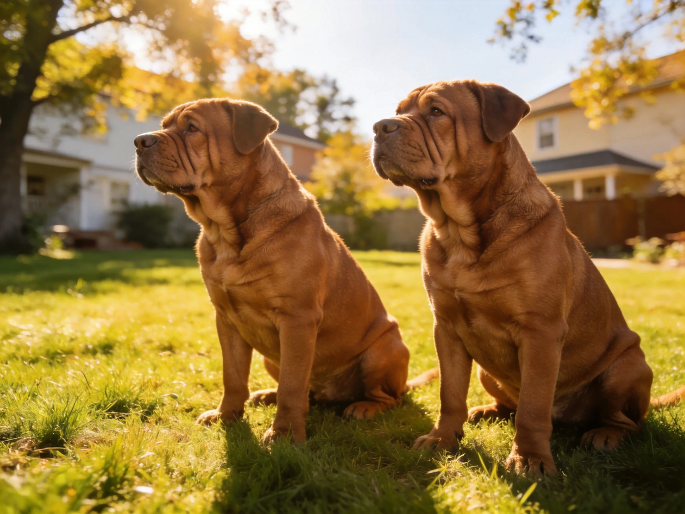Two brown dogs sit quietly on a sunny residential lawn.