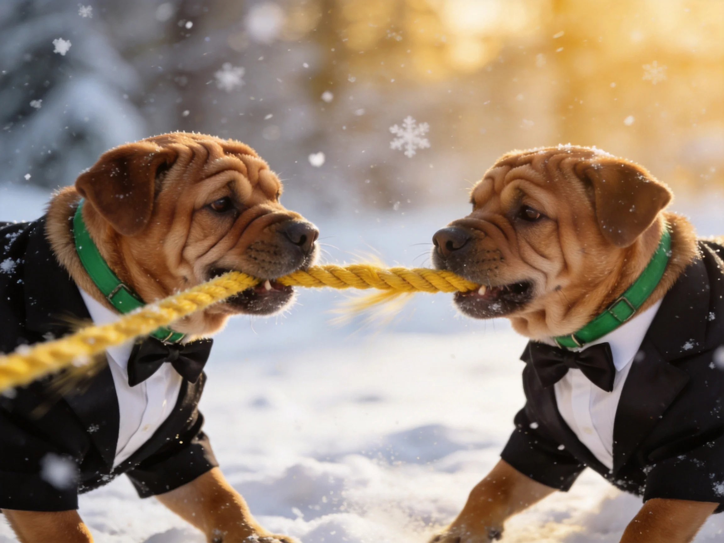 Two brown dogs tug a yellow rope while wearing black tuxedos in a snowy landscape