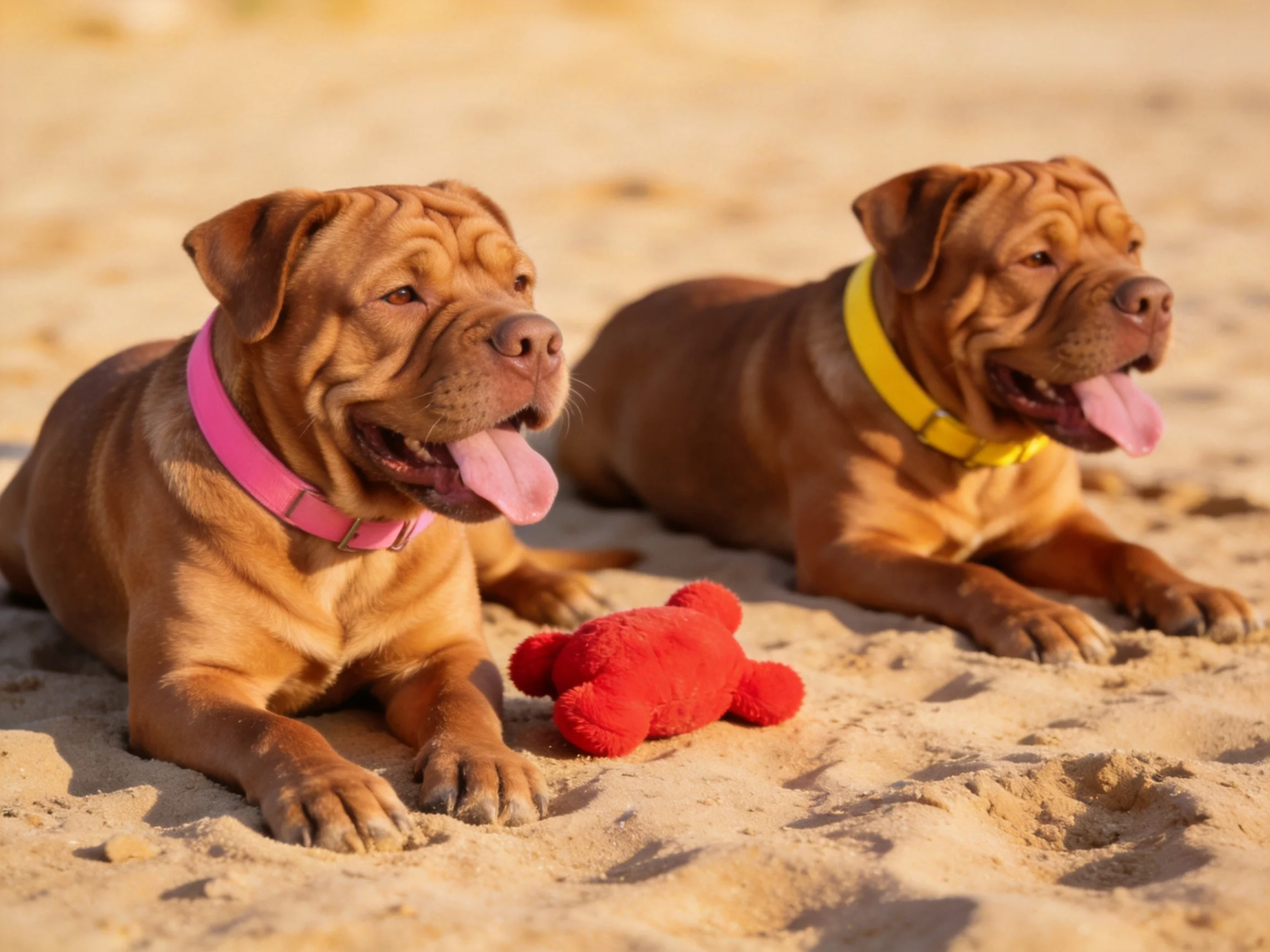 Two brown dogs rest on sand beside a red stuffed toy.