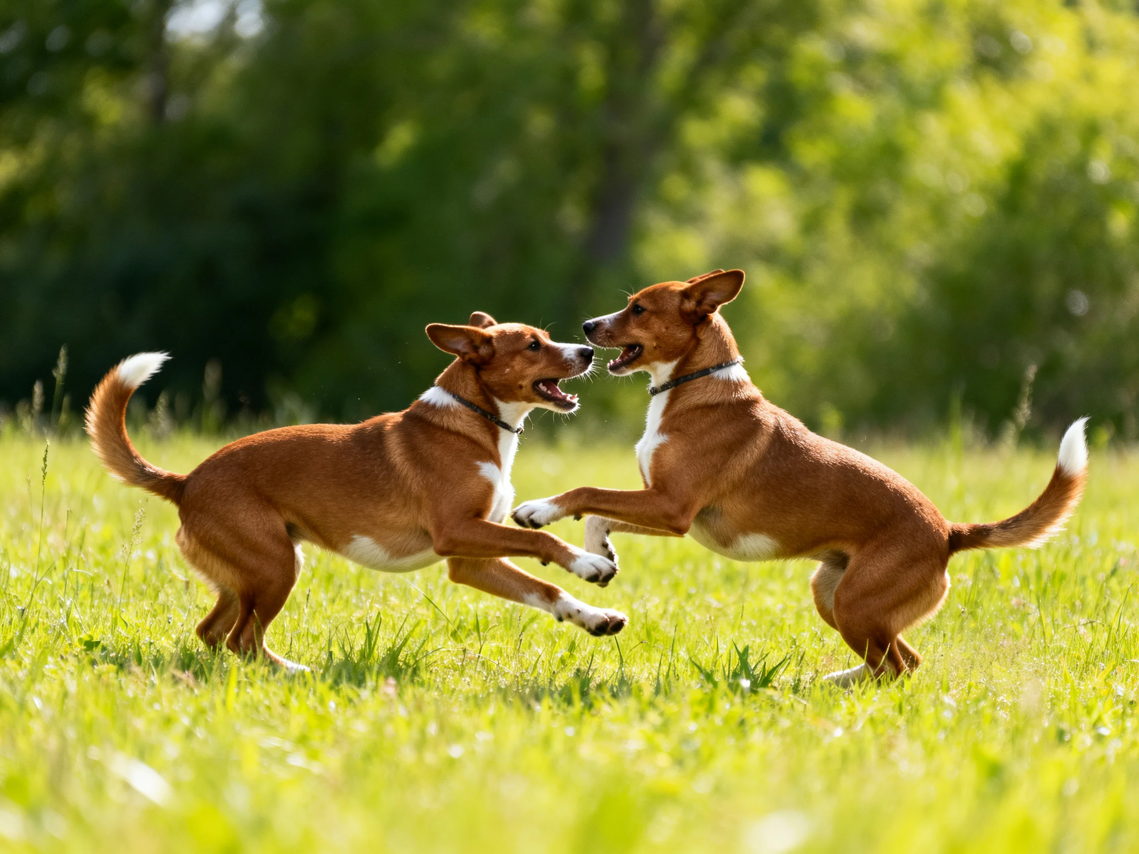 Two brown dogs with white markings play energetically in a sunlit grassy meadow