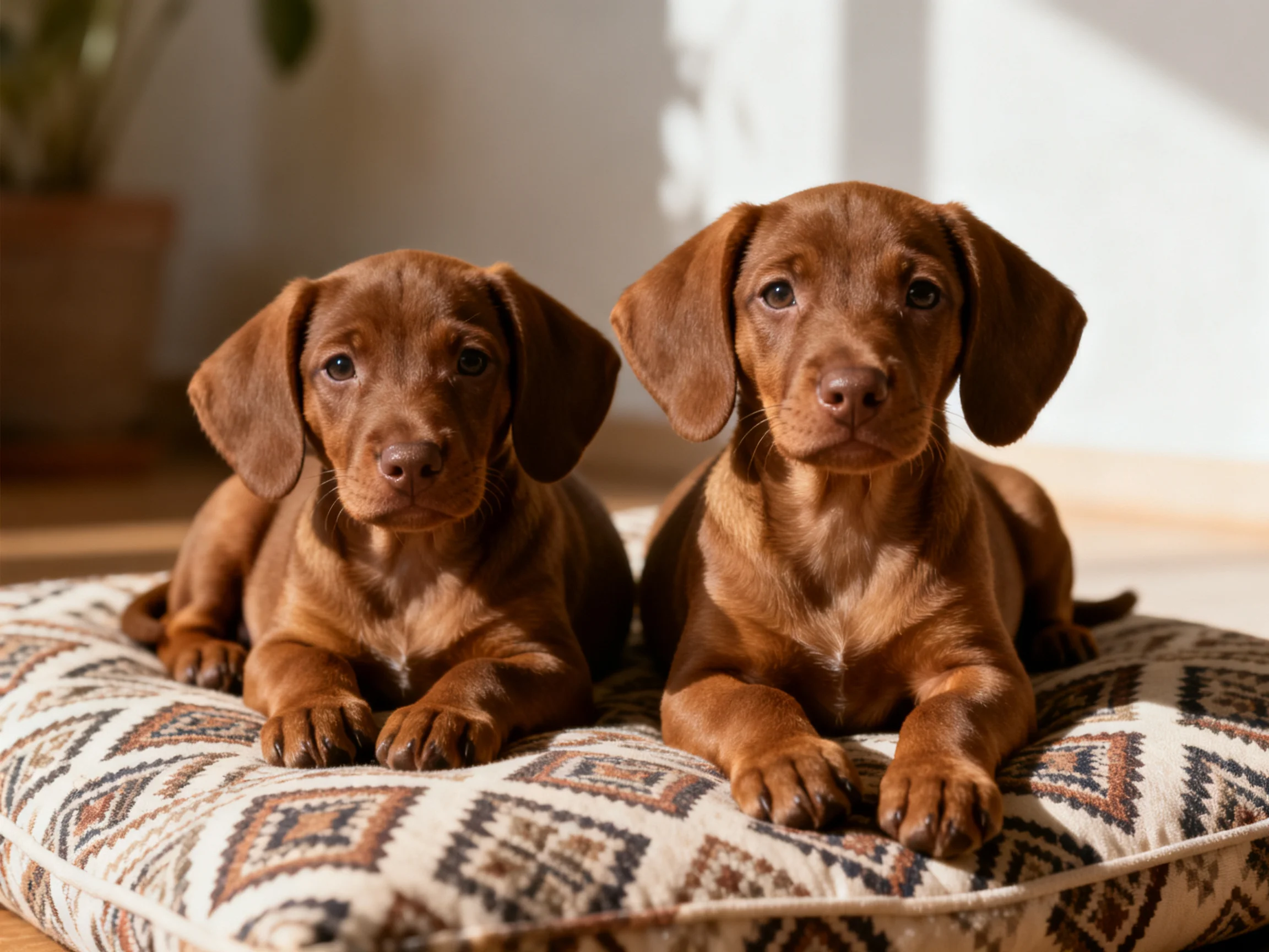 Two brown puppies rest on a patterned cushion in soft indoor light