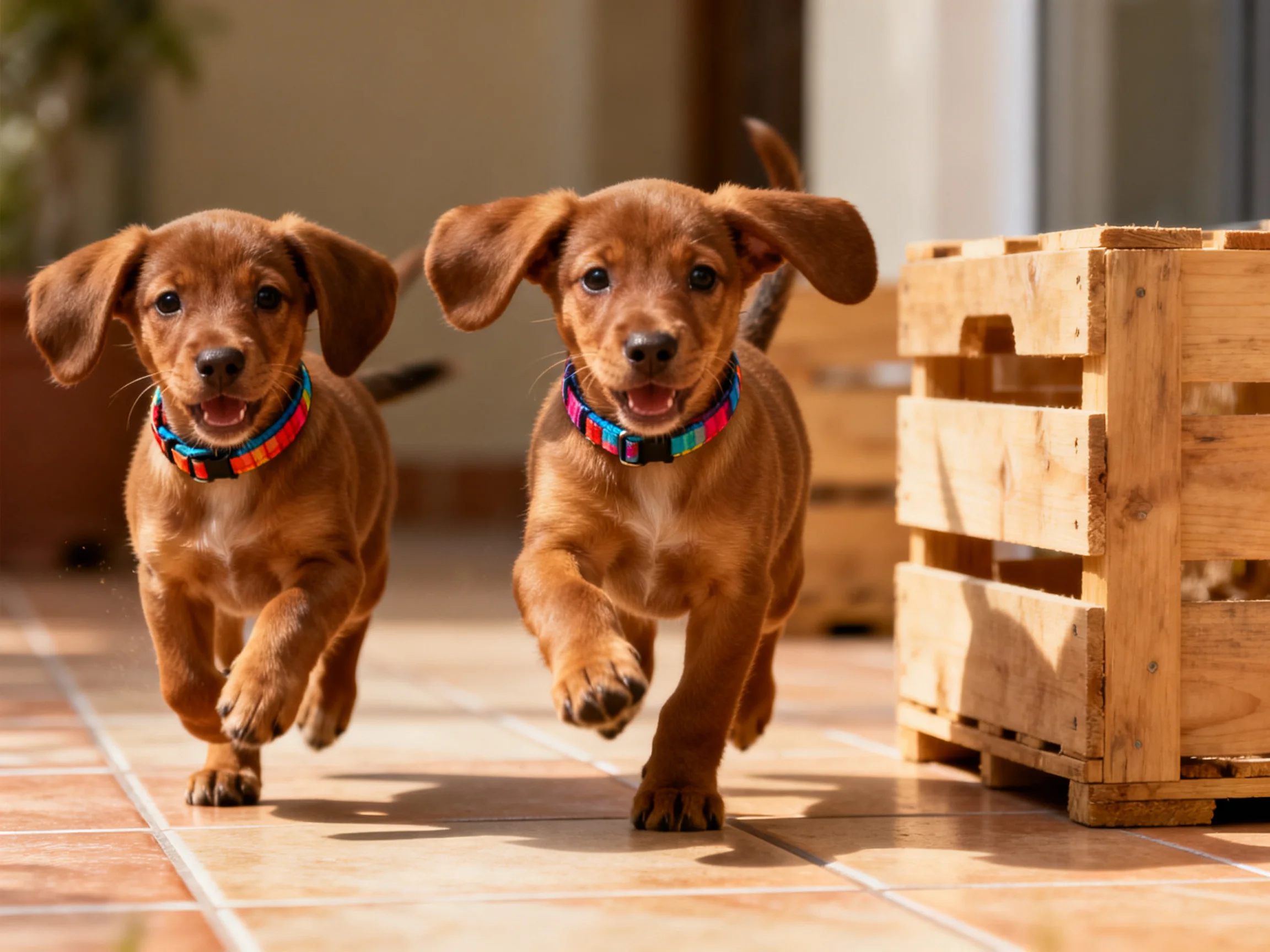 Two brown puppies run energetically near wooden crates on a tiled patio
