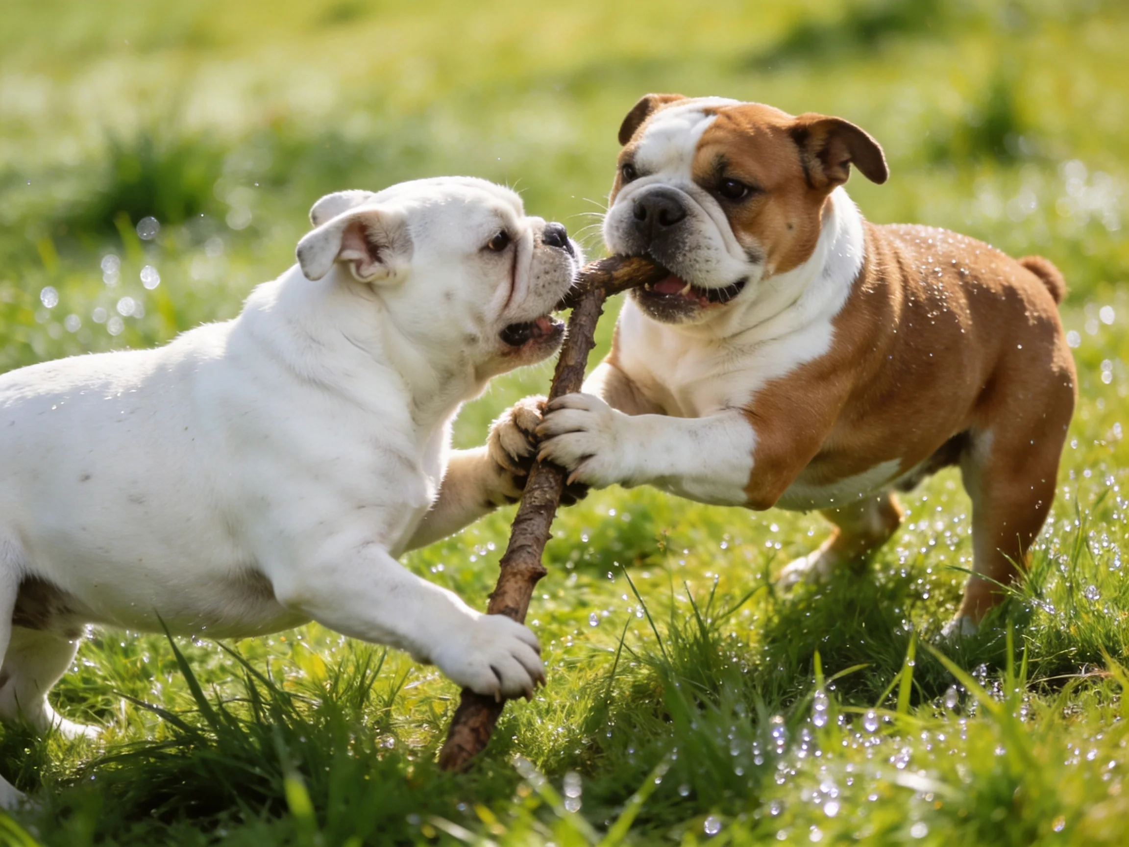 Two bulldog puppies, one white and one brown, tug a thick stick in a dewy meadow