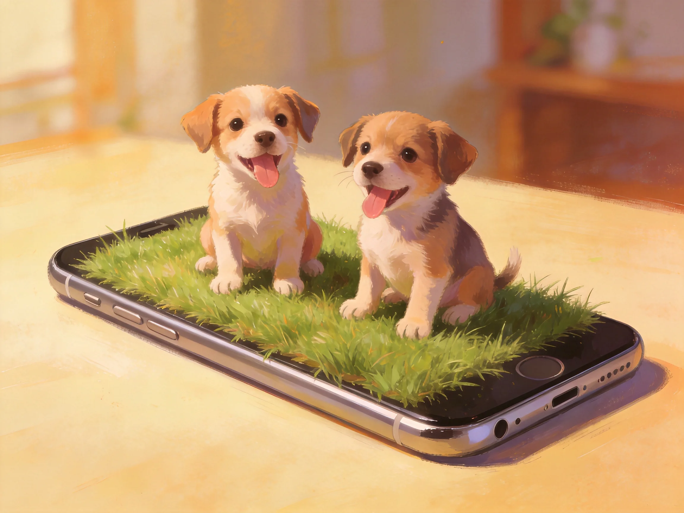 Two cheerful puppies sit on a smartphone with lush green grass