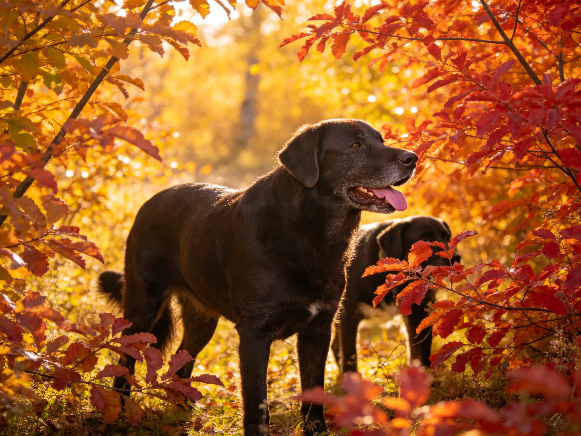 Two chocolate Labradors explore vibrant fall foliage amid golden light