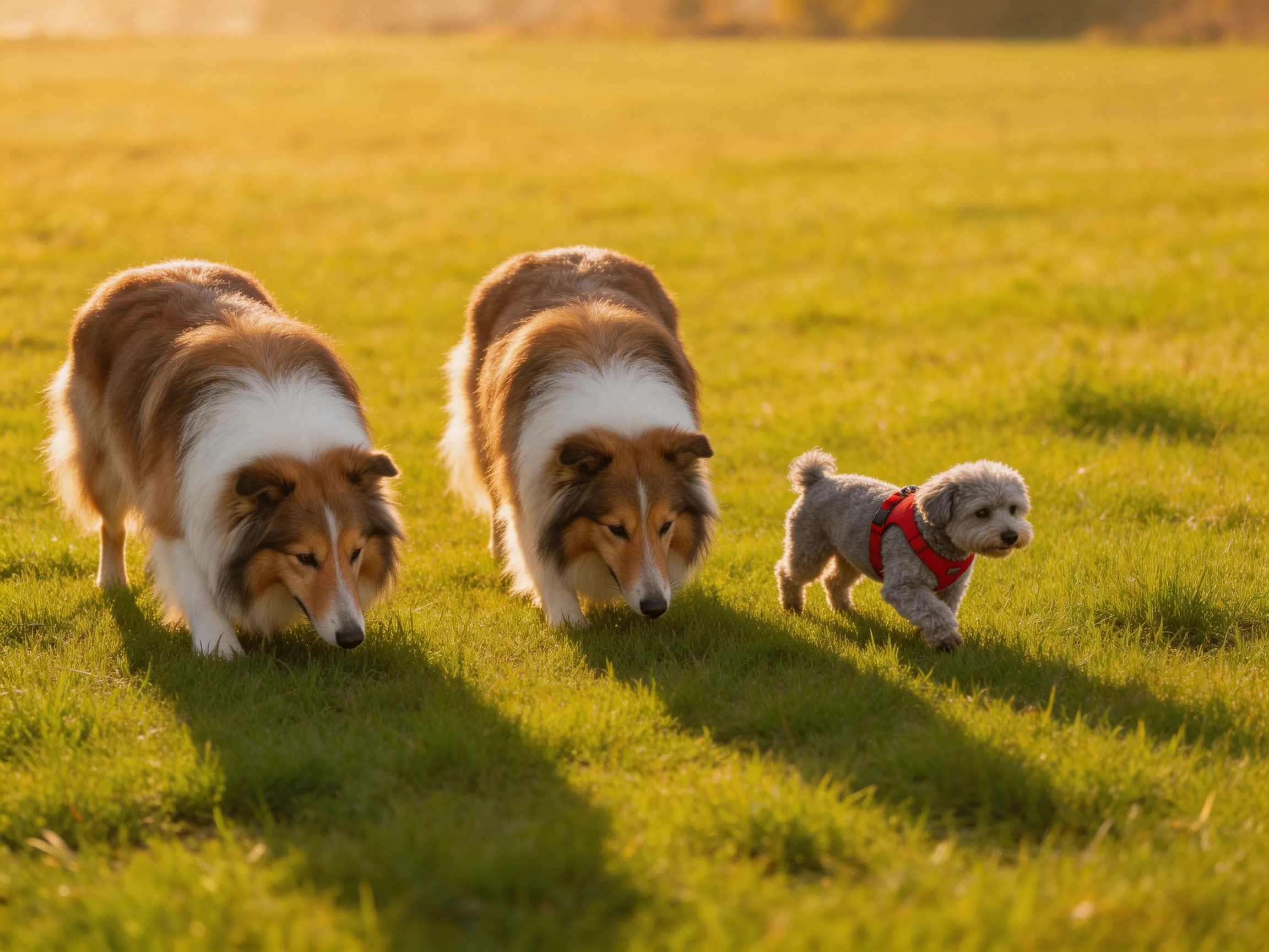Three dogs—including two collies and a small gray dog—explore a sunlit meadow