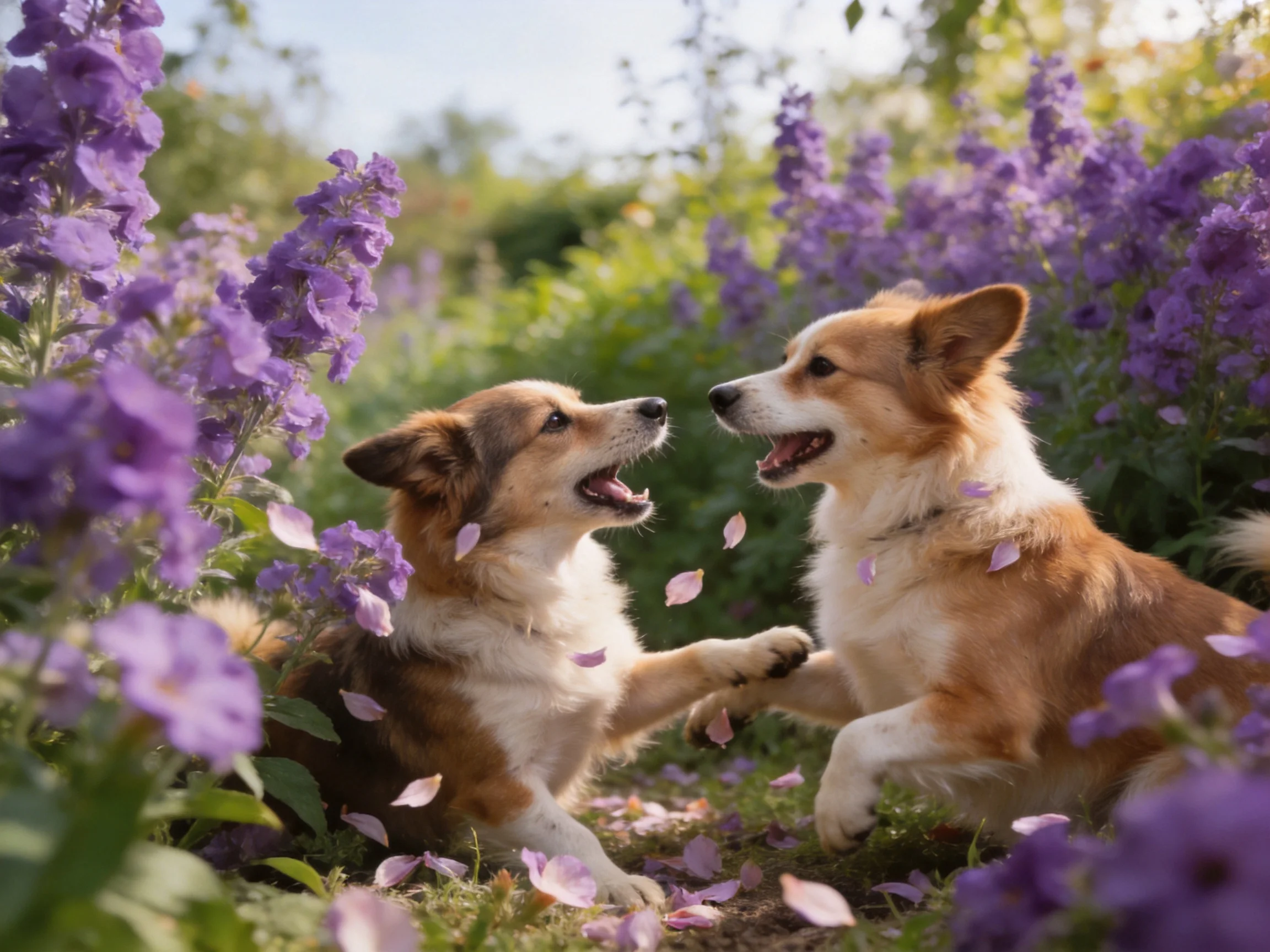Two corgis play near abundant purple flowers in a sunlit garden