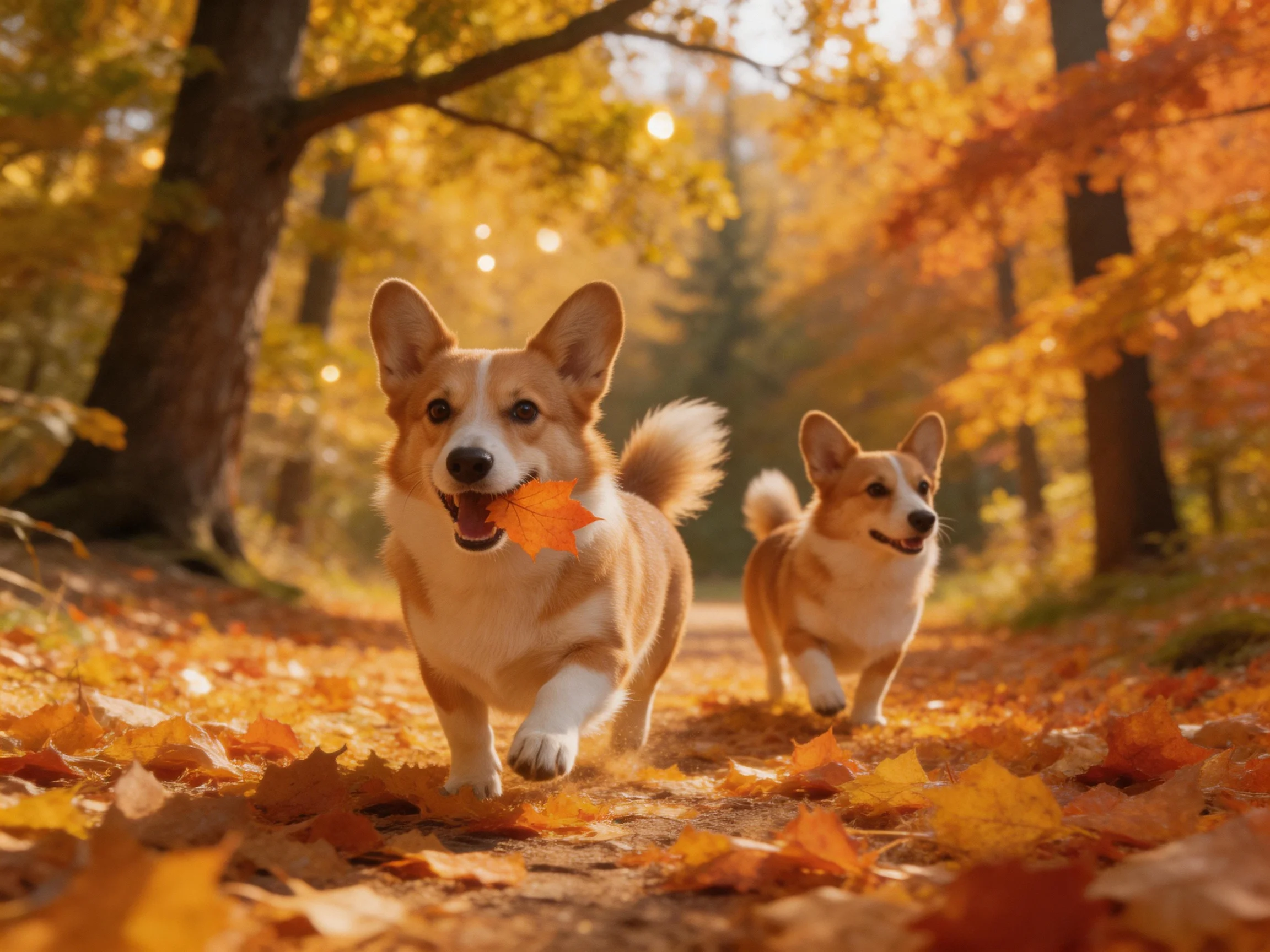 Two corgis run along a leaf-covered path in a sunlit autumn forest.