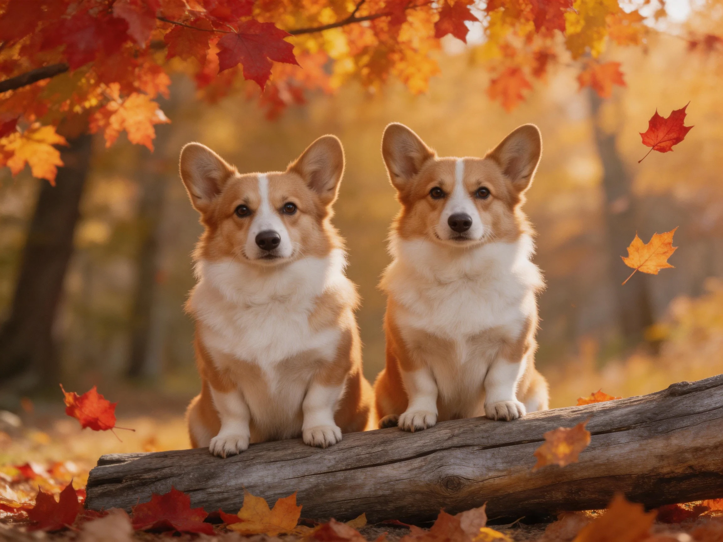 Two corgis sit on a log amidst vibrant autumn maple leaves