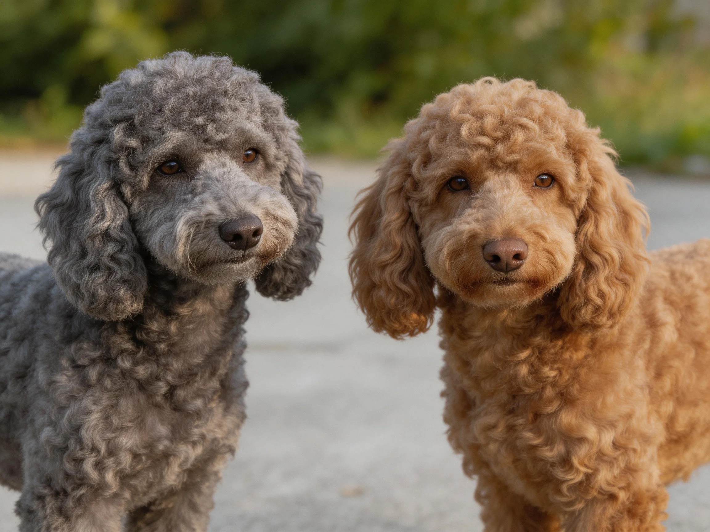 Two curly-coated poodles, one gray, one tan, stand outdoors