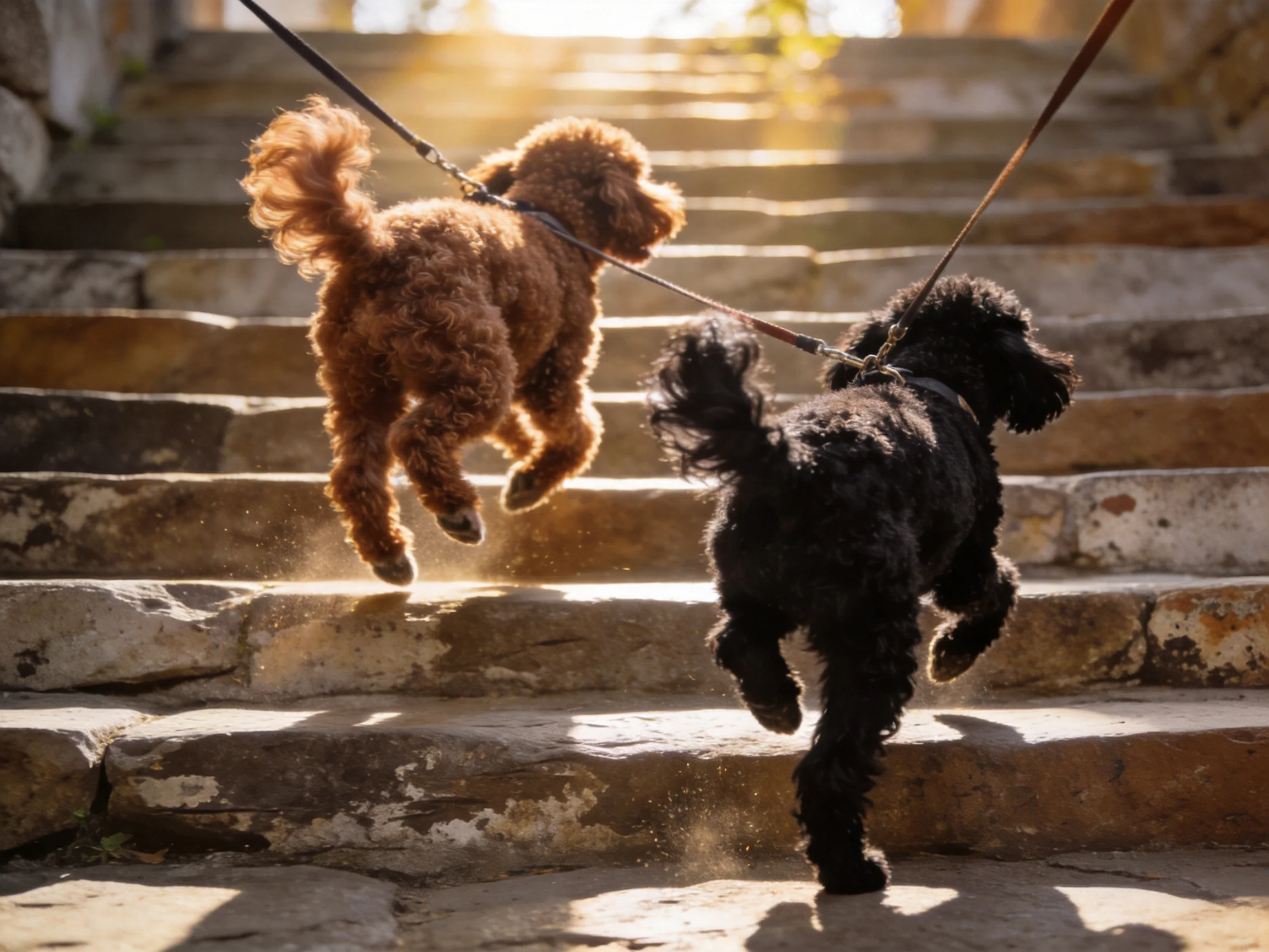 Two curly-haired dogs, brown and black, walk up aged stone steps in sunlight.