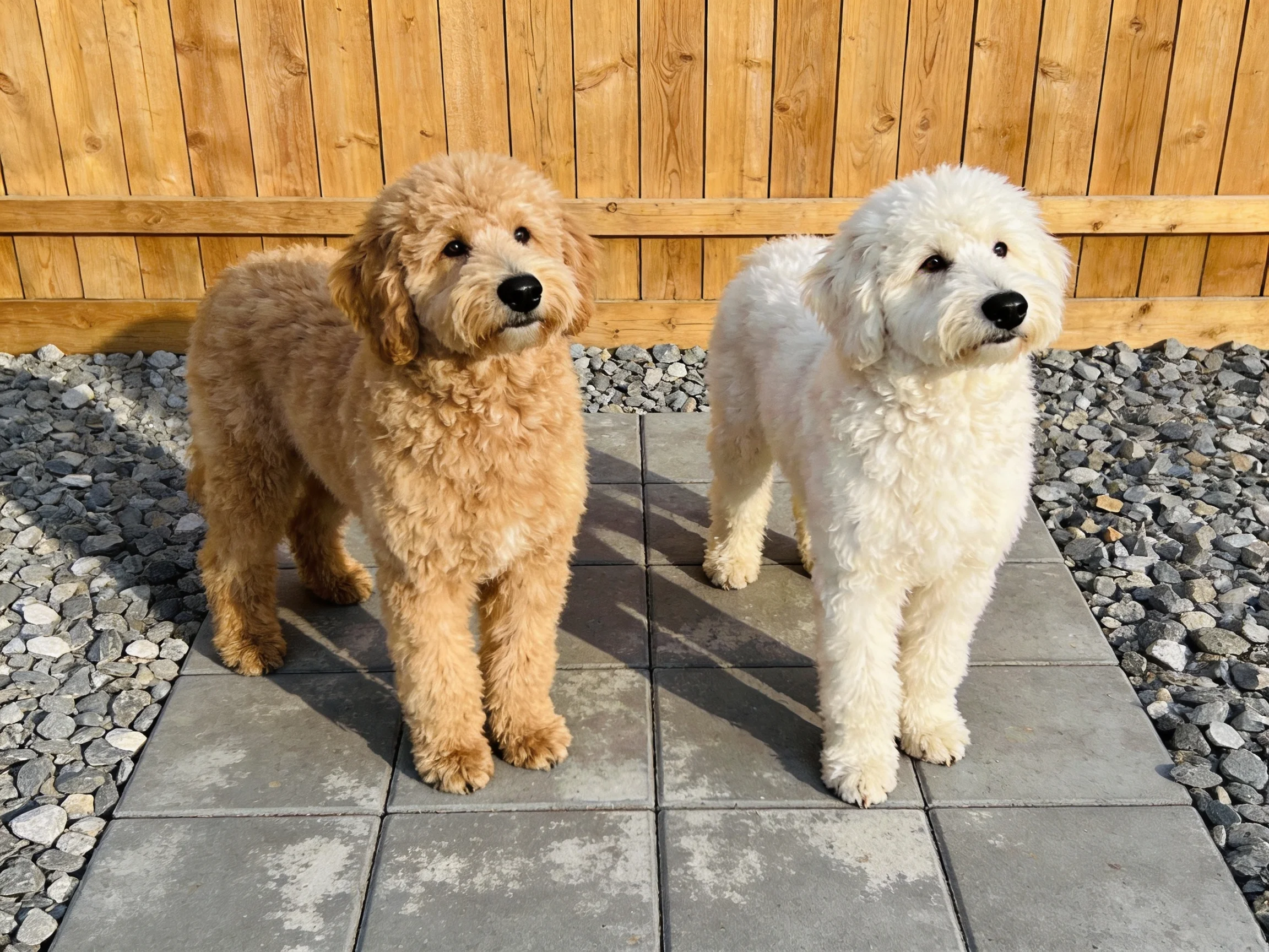 Two curly-haired dogs of contrasting colors stand on a stone patio