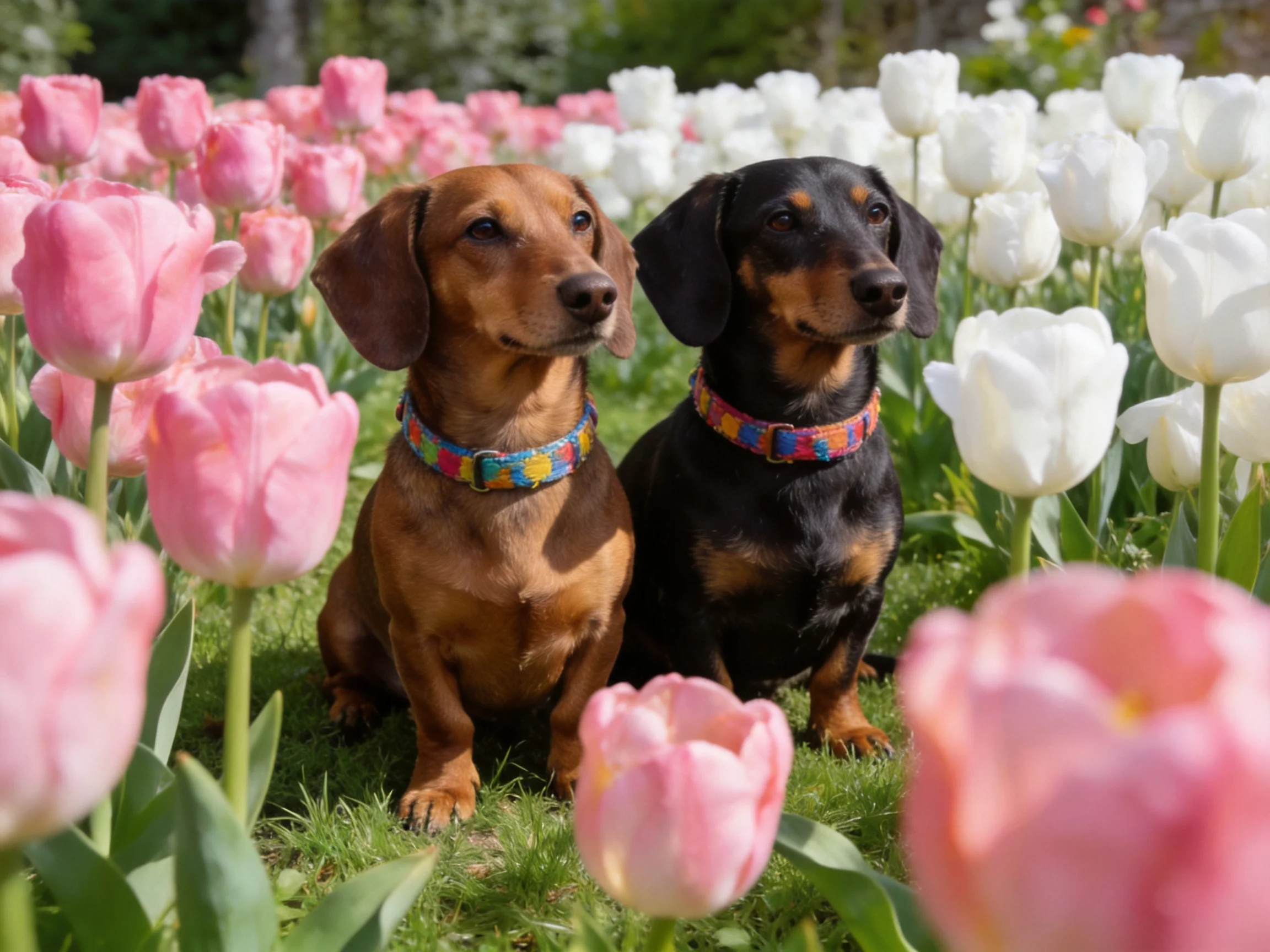 Two dachshund dogs surrounded by pink and white tulip blooms
