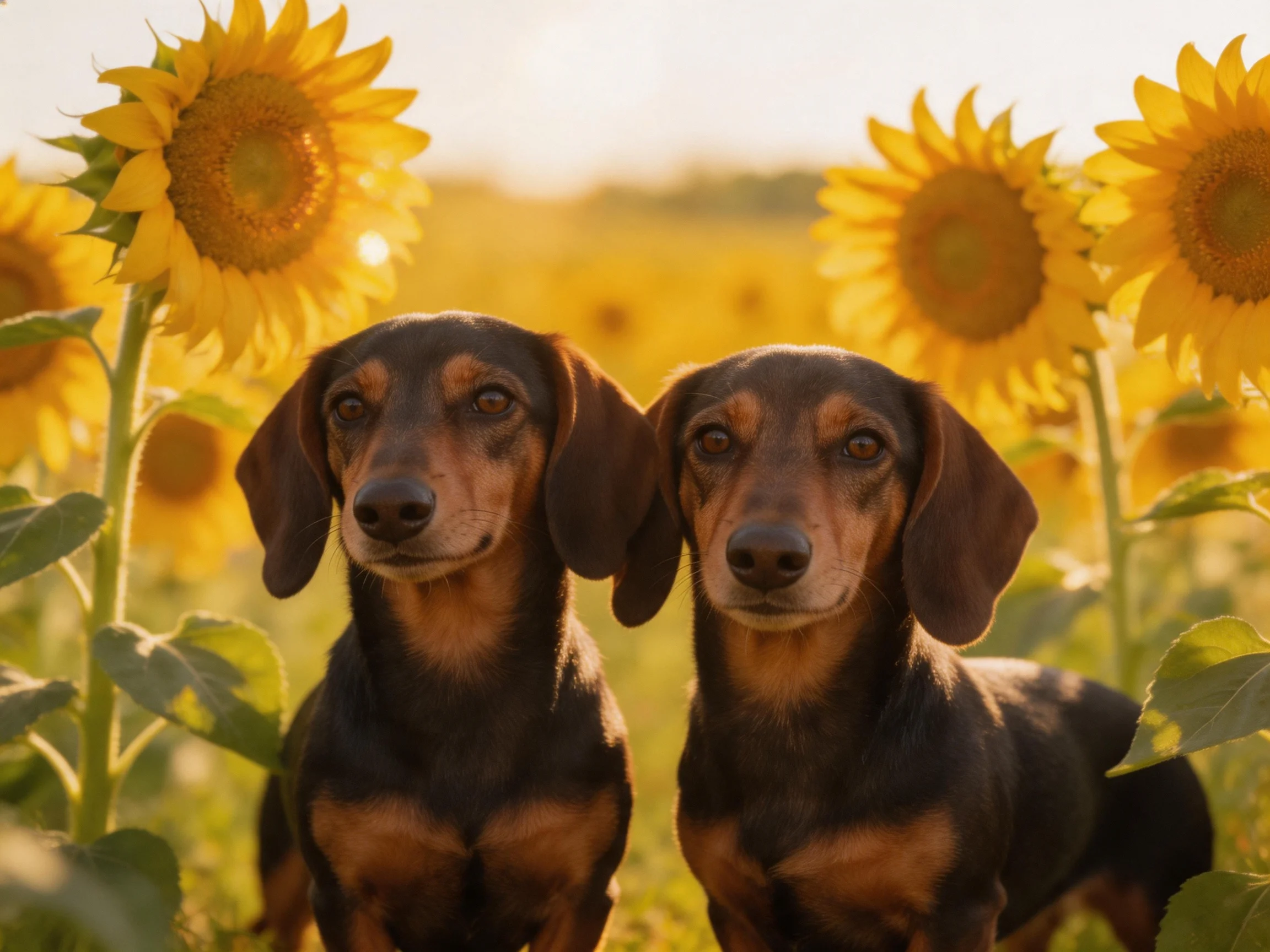 Two dark-coated dachshunds amidst bright sunflower fields