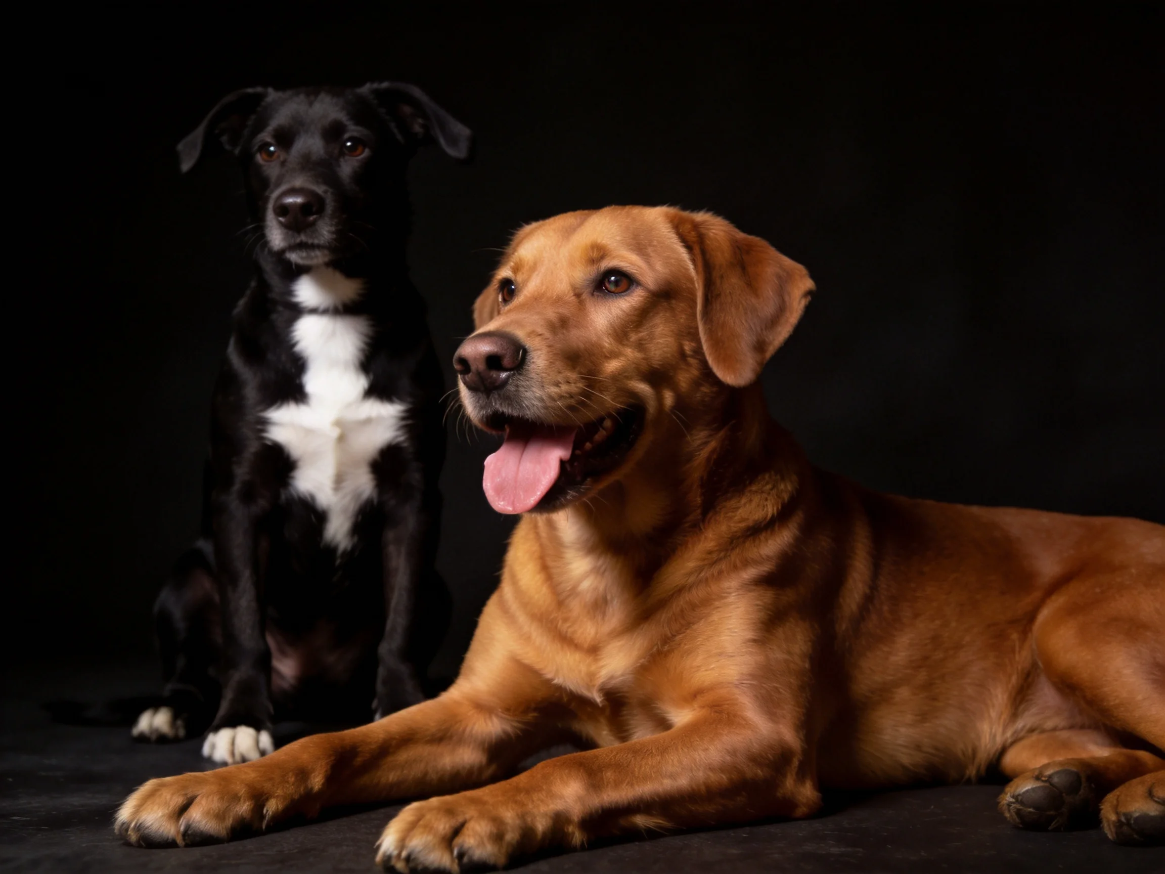 Two dogs, one sitting and one lying down, posed against a dark background.