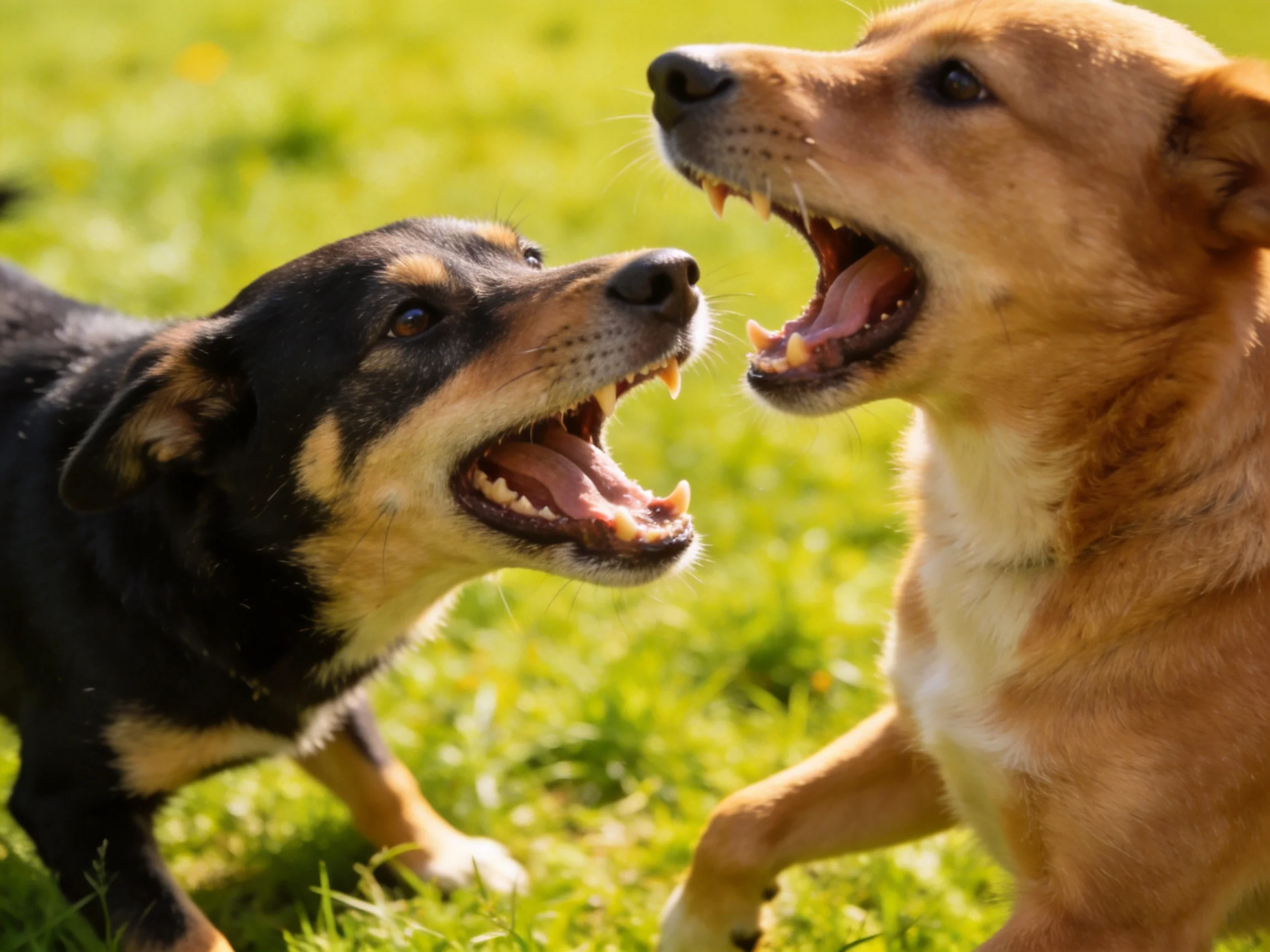 Two dogs barking fiercely in a sunlit green meadow