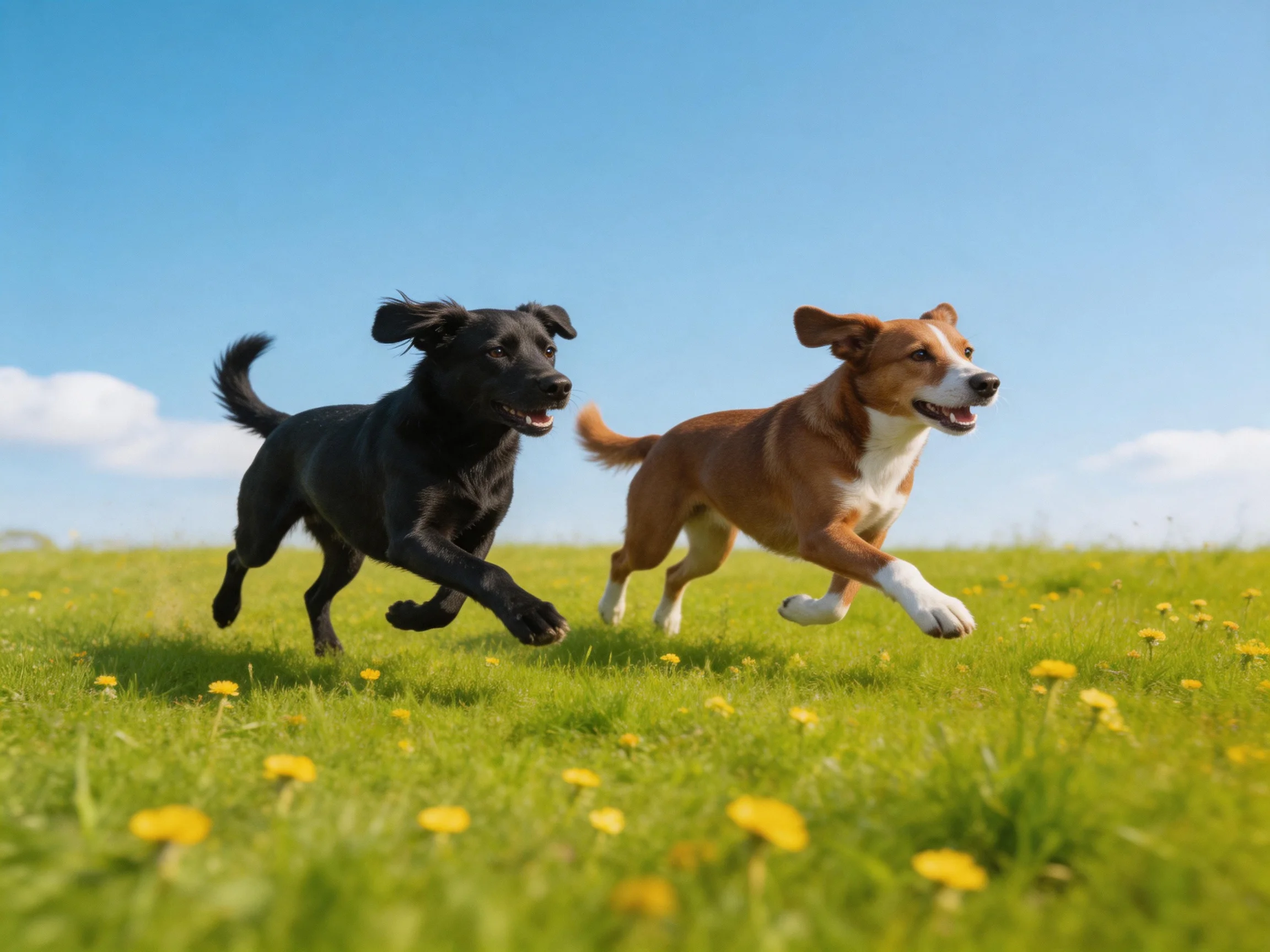 Two dogs, black and brown, run through a flowered meadow