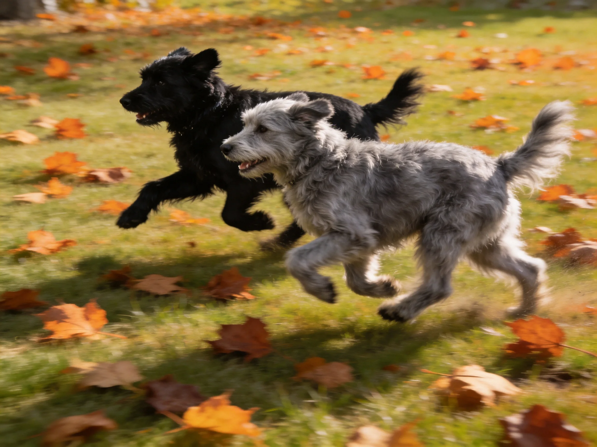 Two dogs, black and gray, sprint through autumn leaves