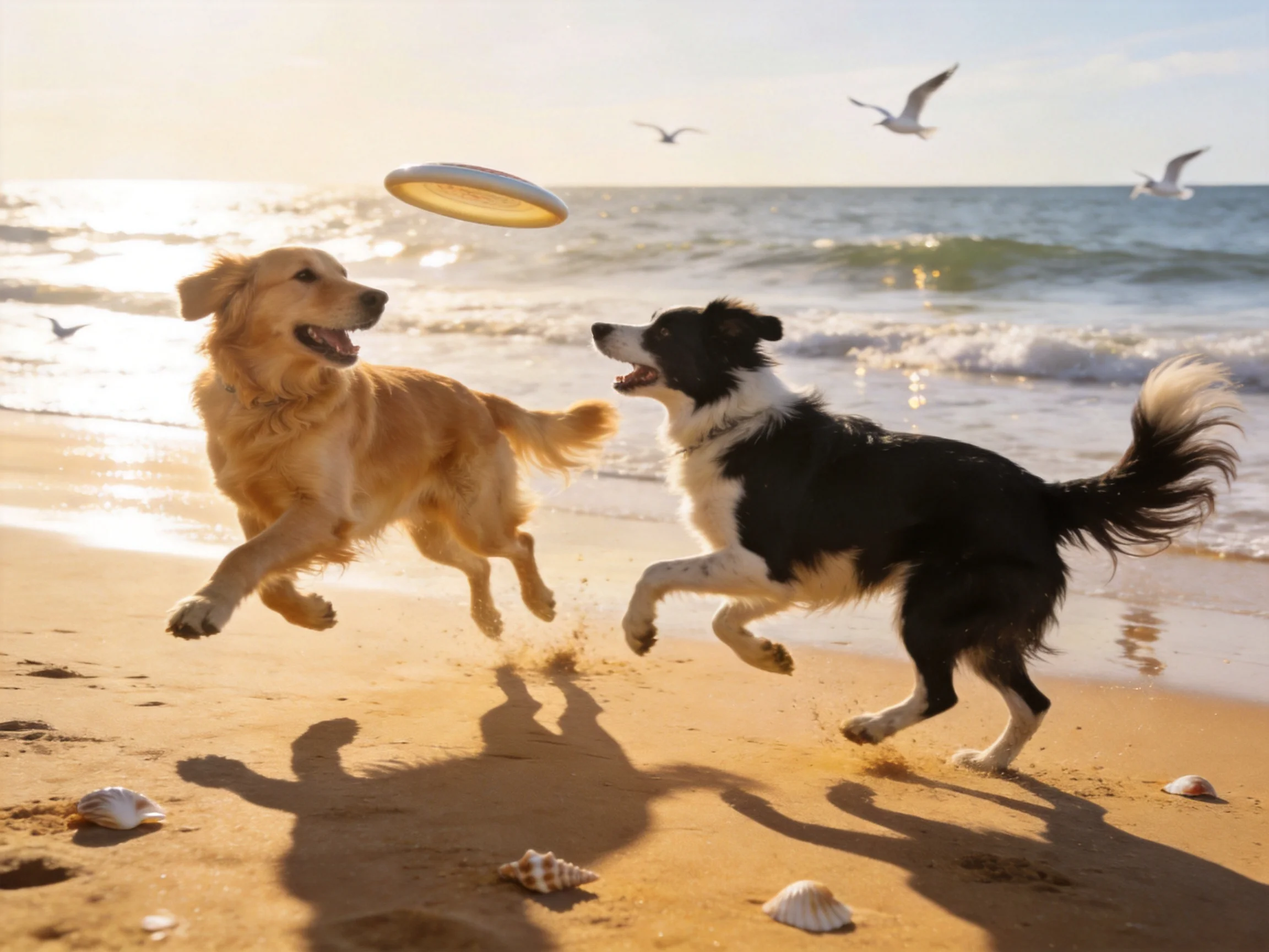 Two dogs chase a frisbee on a sunny sandy beach near the ocean