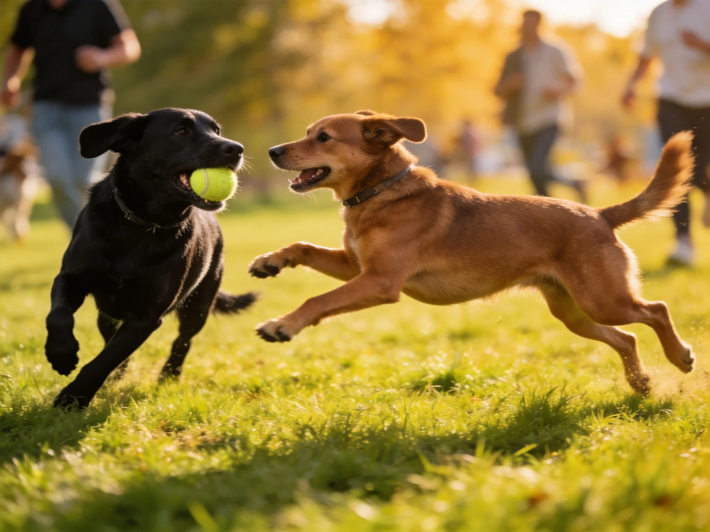 Two dogs chase a tennis ball in a sunlit park