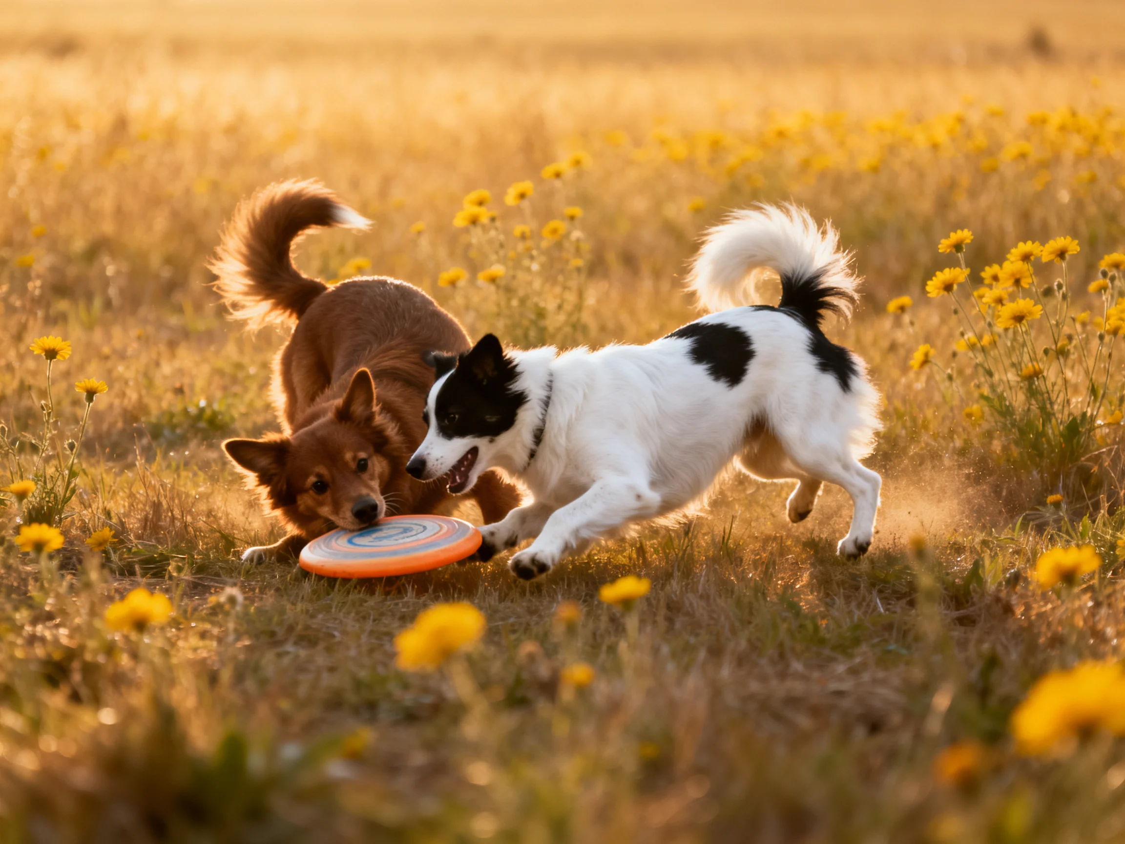 Two dogs chase an orange frisbee in a sunlit yellow-flowered meadow