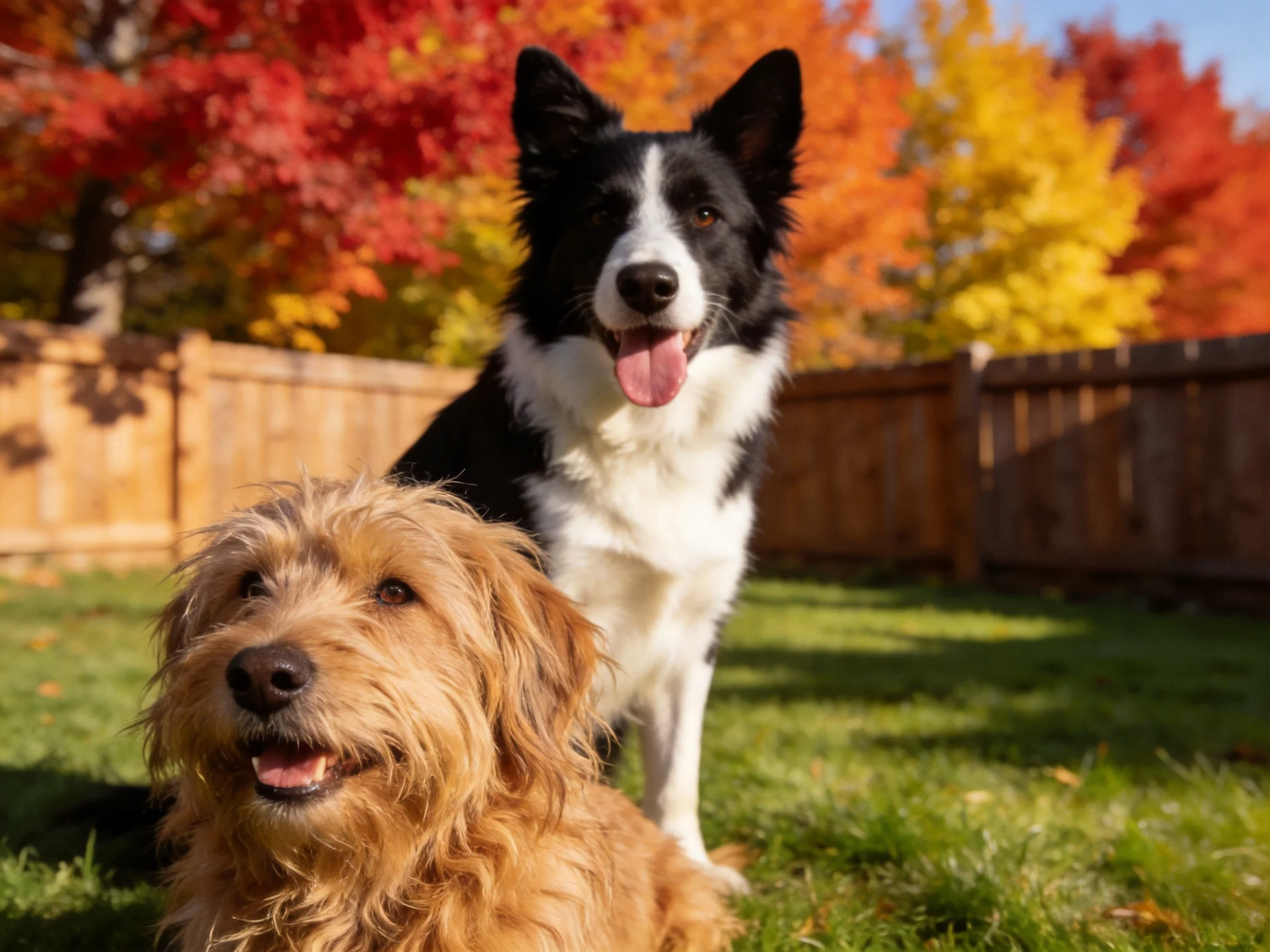 Two dogs enjoy time outdoors near colorful fall trees.