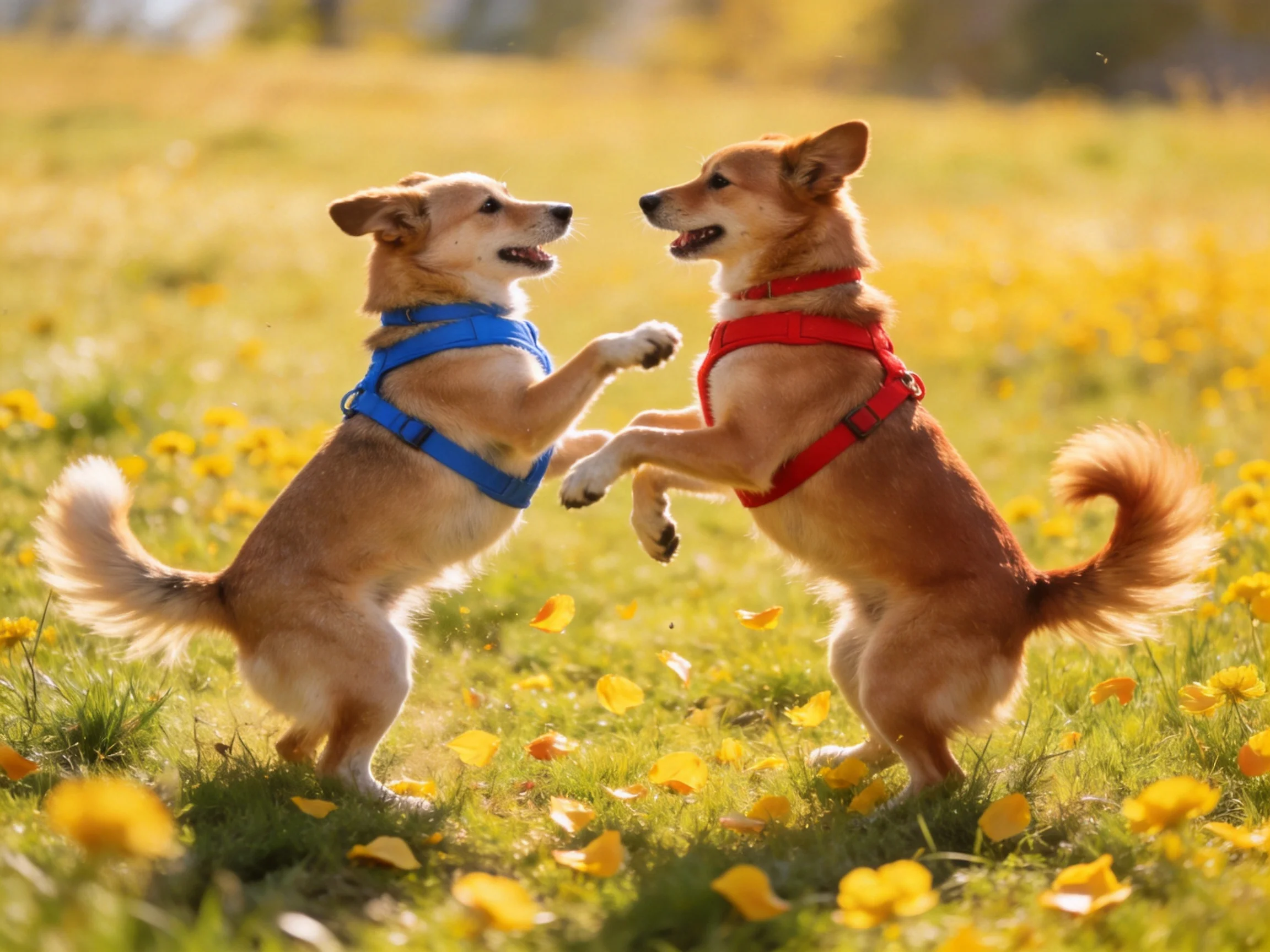 Two dogs in blue and red harnesses play in a sunlit flower field