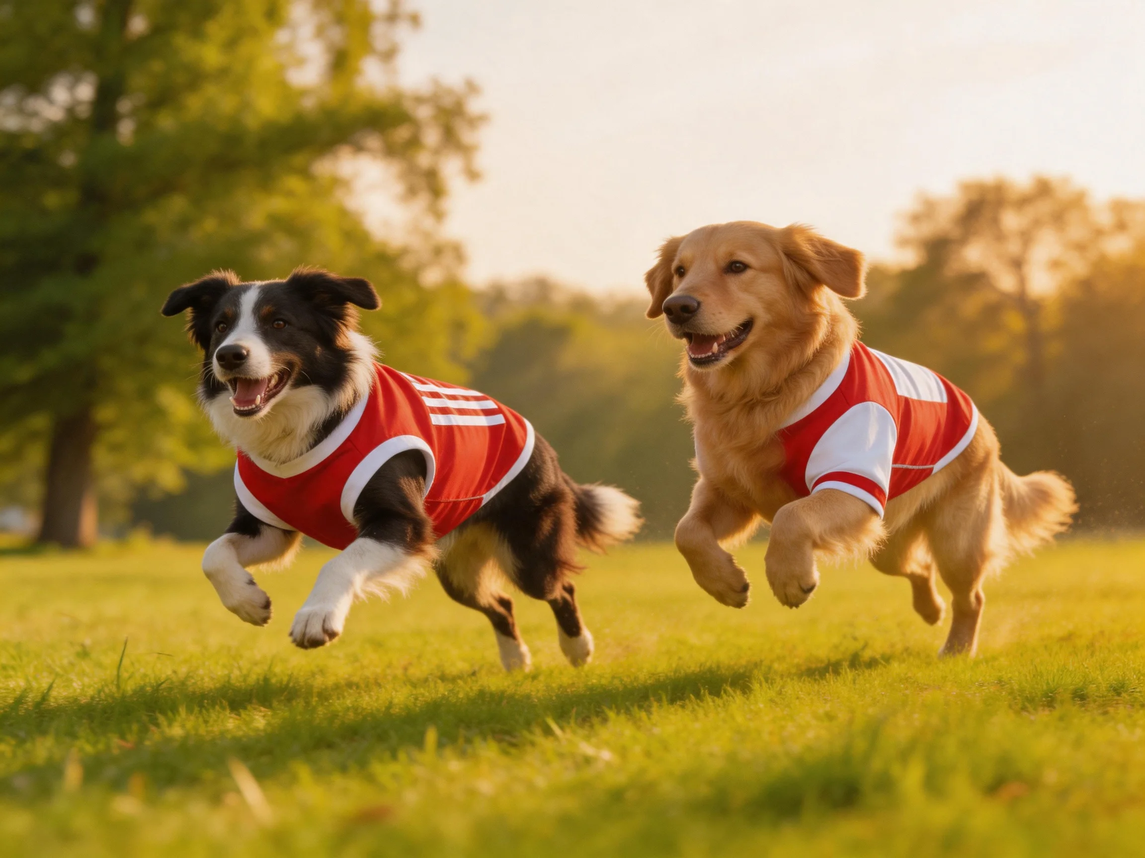 Two dogs wearing red vests sprint energetically across a sunlit grassy field.
